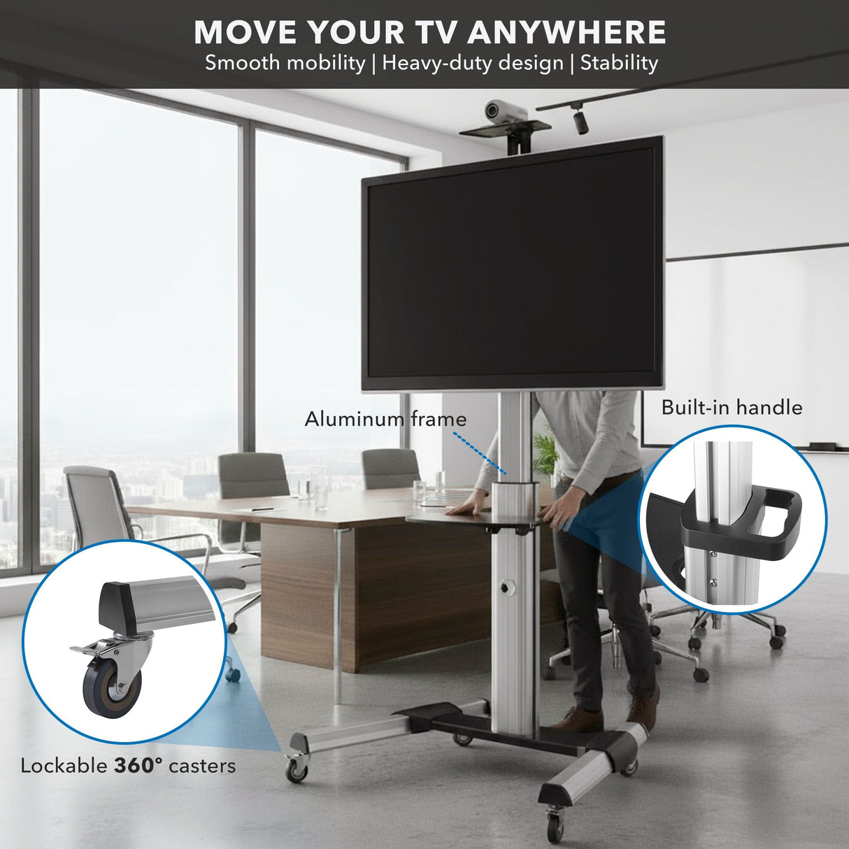 Heavy Duty Mobile TV Cart The Mount-It! Heavy Duty Mobile TV Cart features tilt adjustment, locking casters, a built-in handle, and robust design for stable, easy mobility—ideal for flat-screen TVs in modern office conference rooms.