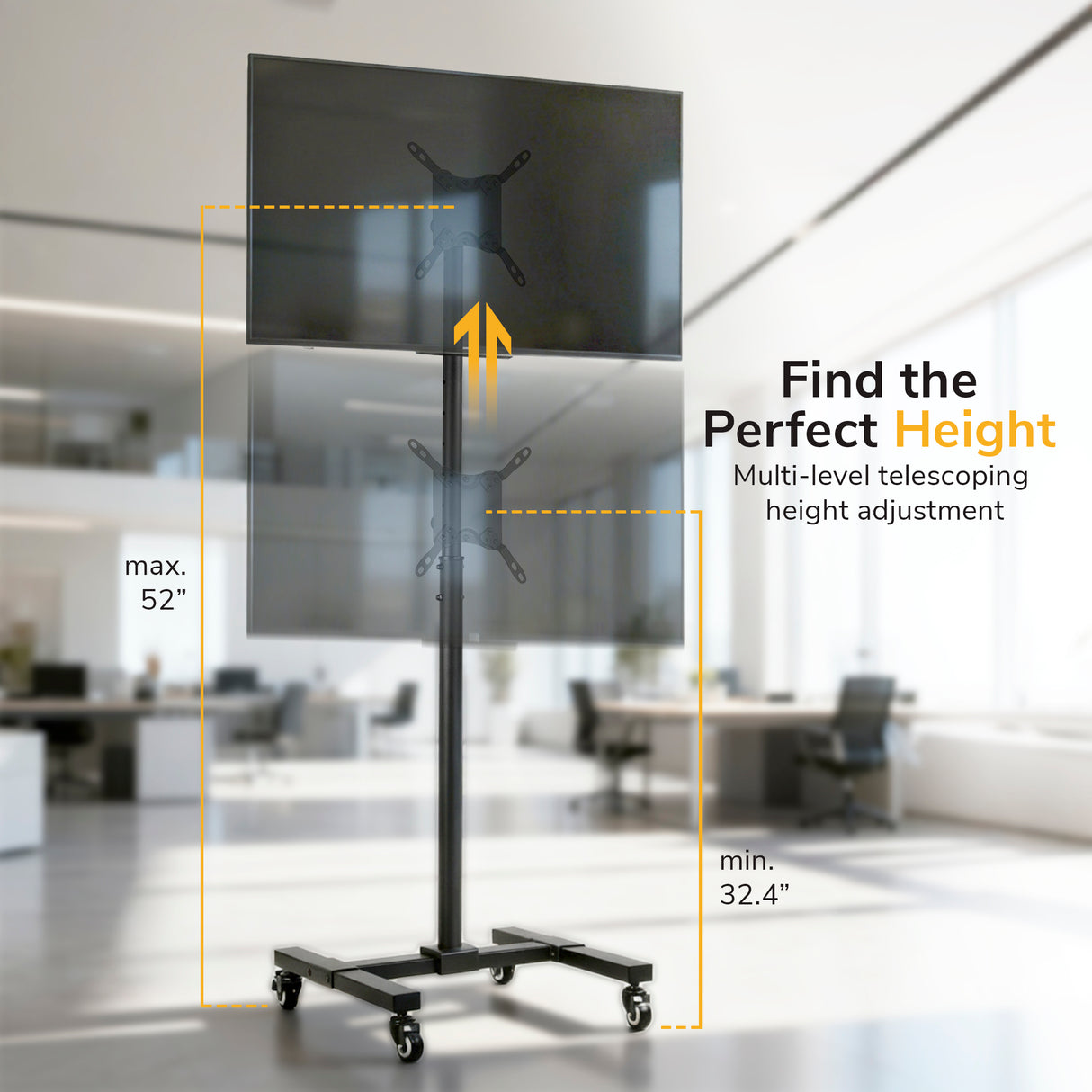 The Mount-It! Adjustable Mobile TV Stand is shown with a mounted screen, demonstrating height adjustment from 32.4 to 52 inches. Text reads: “Find the Perfect Height—multi-level telescoping height on locking casters.”.