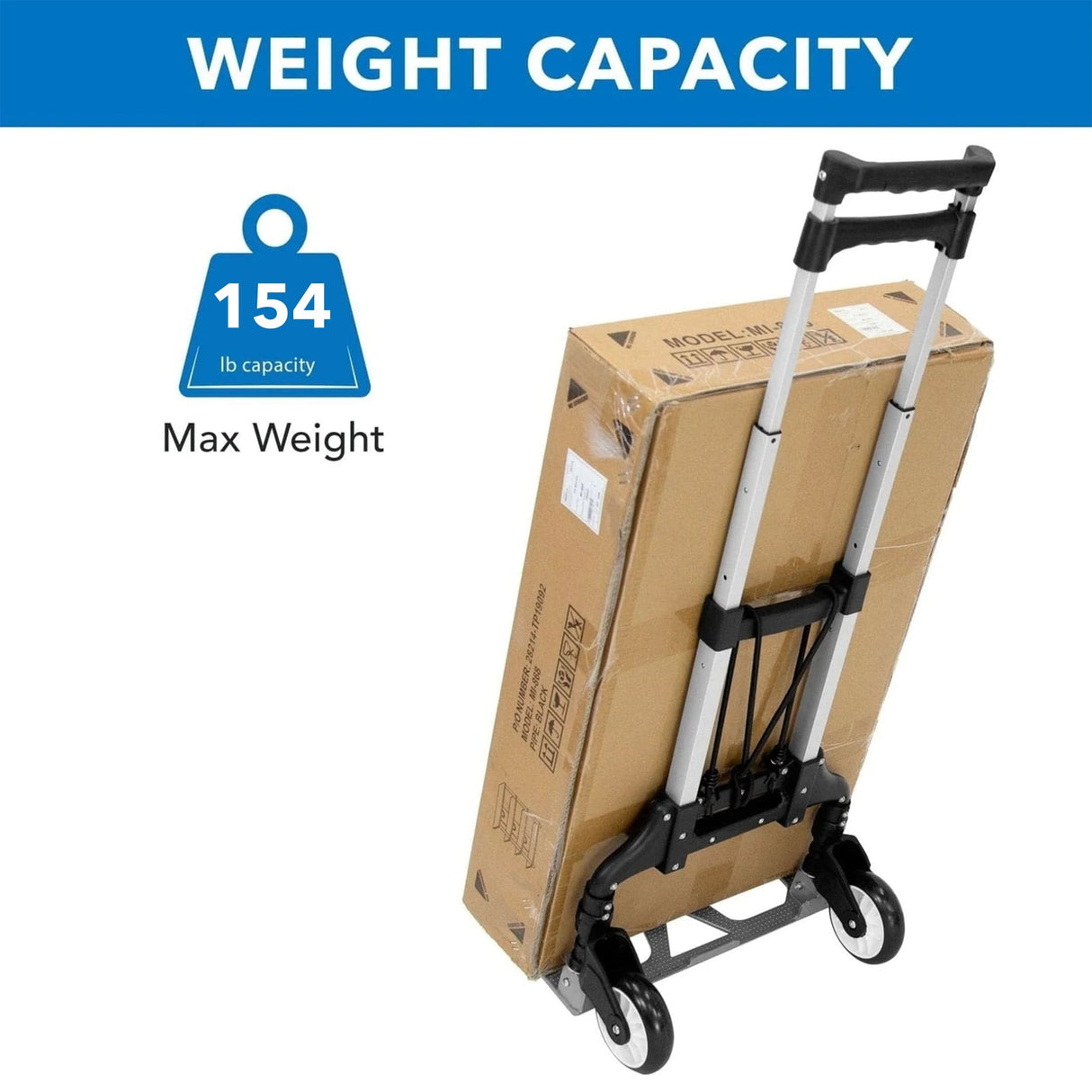 Folding Hand Truck/Luggage Cart Folding Hand Truck/Luggage Cart with a sturdy frame, designed to carry heavy loads up to 154 pounds, shown supporting large cardboard boxes, featuring durable wheels for smooth rolling on various surfaces, ideal for home, office, travel, or shopping use, folds compactly for easy storage and transport.