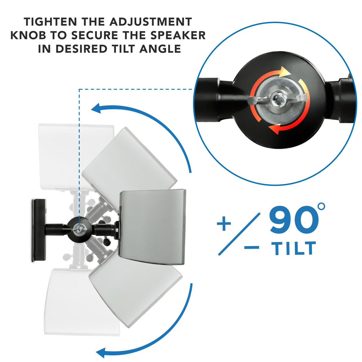 Heavy Duty Universal Speaker Mounts for Walls/Ceiling - Black Diagram illustrating the Mount-It! Heavy Duty Universal Speaker Mounts for Walls/Ceiling—Black. Overhead view shows the tilt mechanism and adjustment knob, letting you secure speakers at any angle up to 90°. Tighten the knob to lock position.