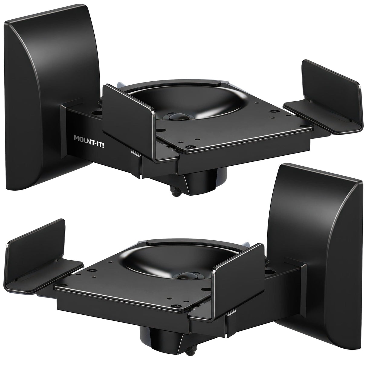 Speaker Wall Mounts w/ Sliding Clamps (pair) Pair of Mount-It! Speaker Wall Mounts w/ Sliding Clamps in black, shown angled. Each heavy-duty bracket features secure side and front clamps, with the “Mount-It!” logo visible on one side.