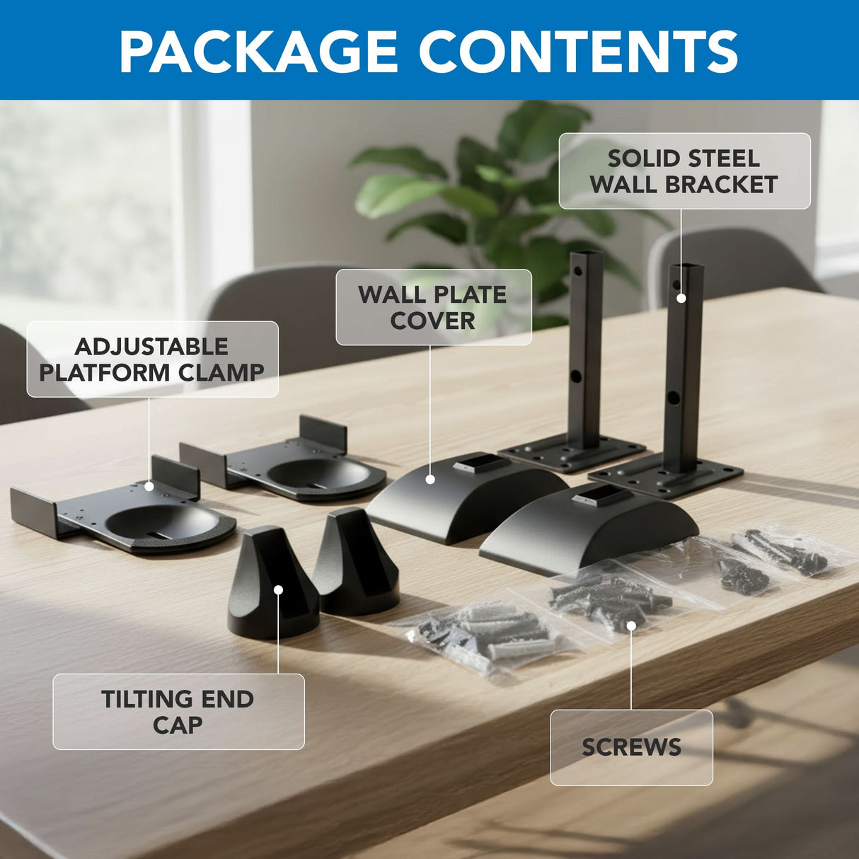 Speaker Wall Mounts w/ Sliding Clamps (pair) The Mount-It! Speaker Wall Mounts w/ Sliding Clamps (pair) tabletop display shows labeled contents: adjustable mounts, tilting end caps, wall plate covers, solid steel brackets, and several screw bags.