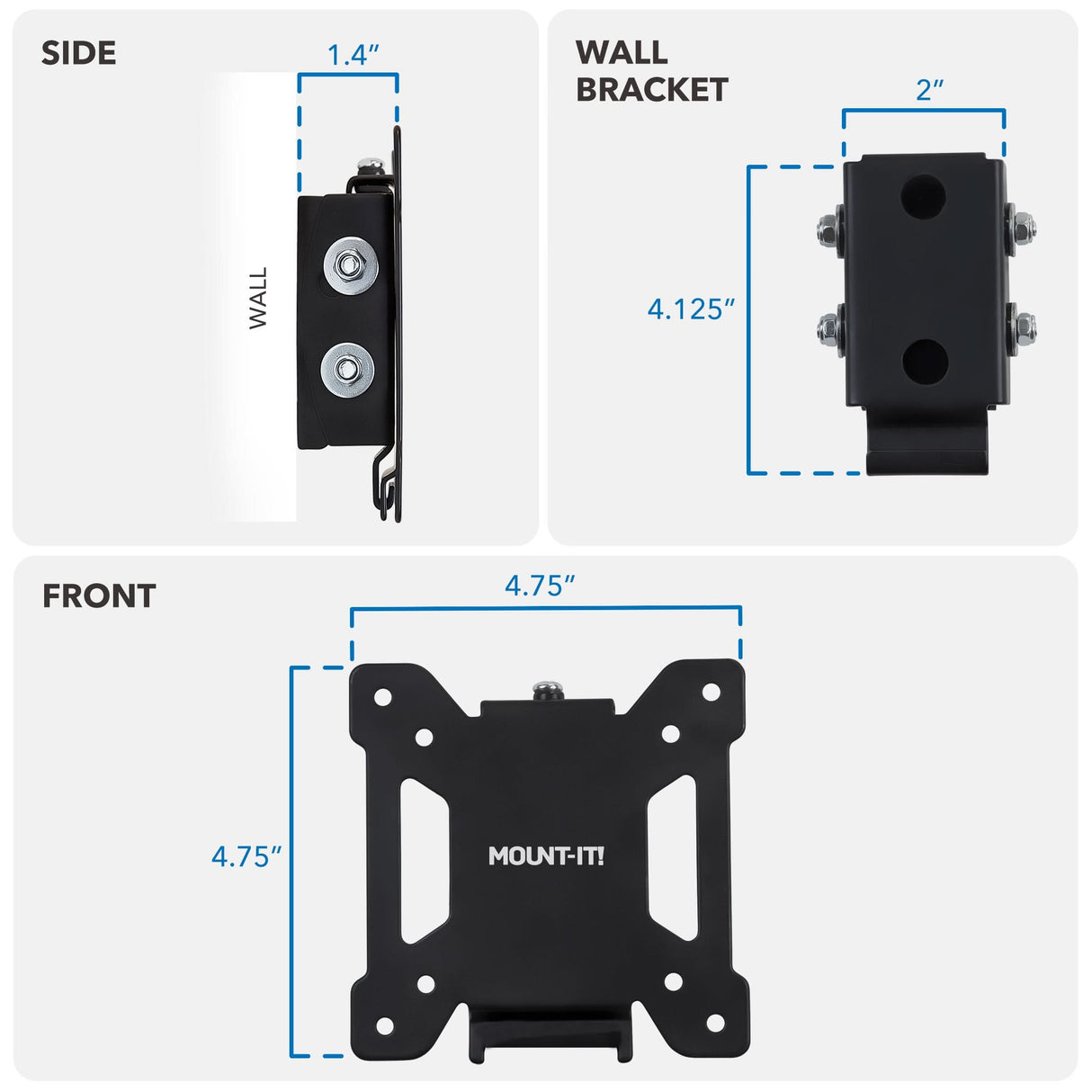 Tilting TV Wall Mount Three labeled diagrams show the Mount-It! Tilting TV Wall Mount. Side view: bracket extends 1.4 inches from the wall for a low-profile setup. Front view: bracket is a 4.75-inch square, branded with Mount-It!.