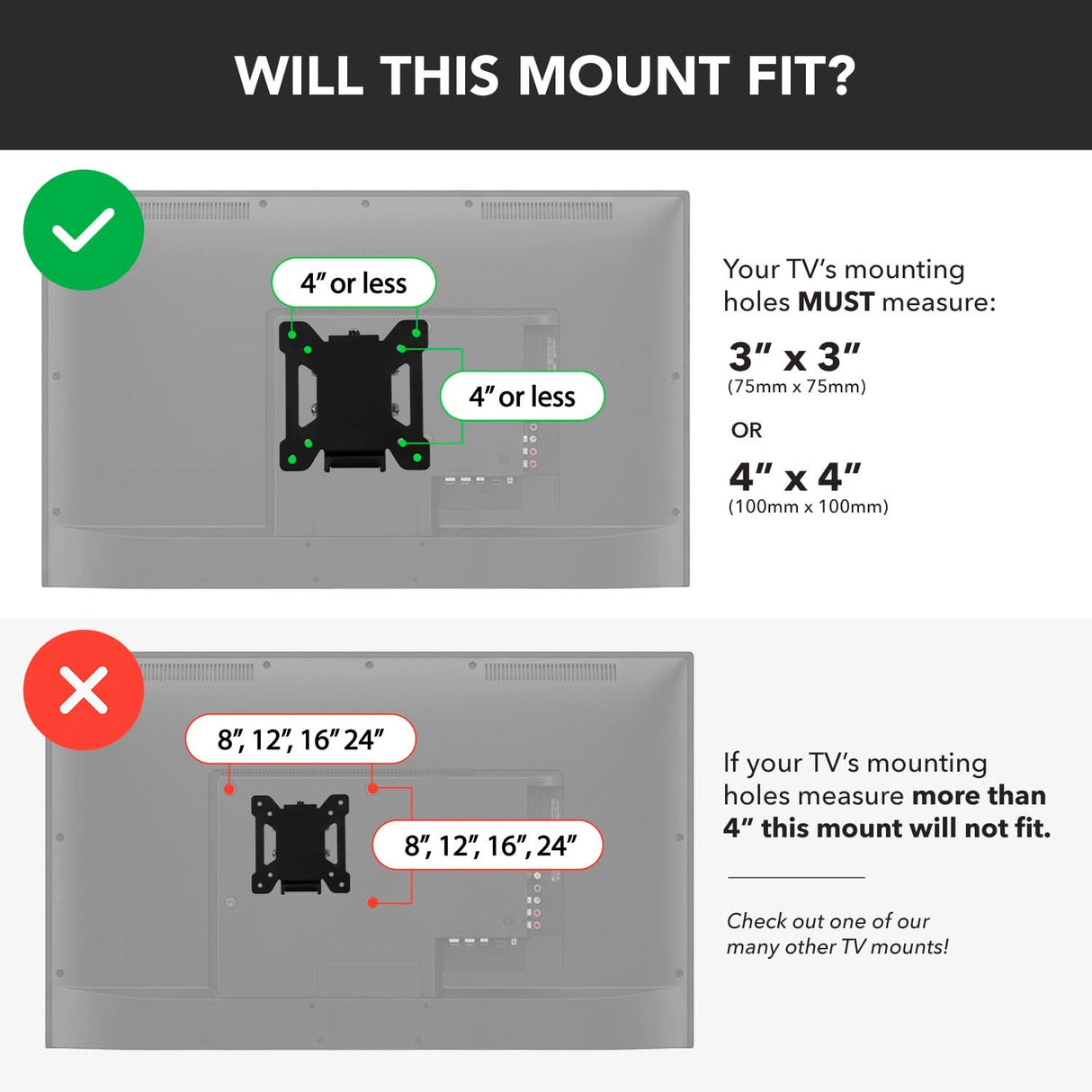 Tilting TV Wall Mount Graphic showing wall mount guidelines: A green check marks the Mount-It! Tilting TV Wall Mount with holes 4 inches or less apart (3x3 or 4x4). A red X marks mounts with holes over 4 inches apart, indicating they won’t fit.