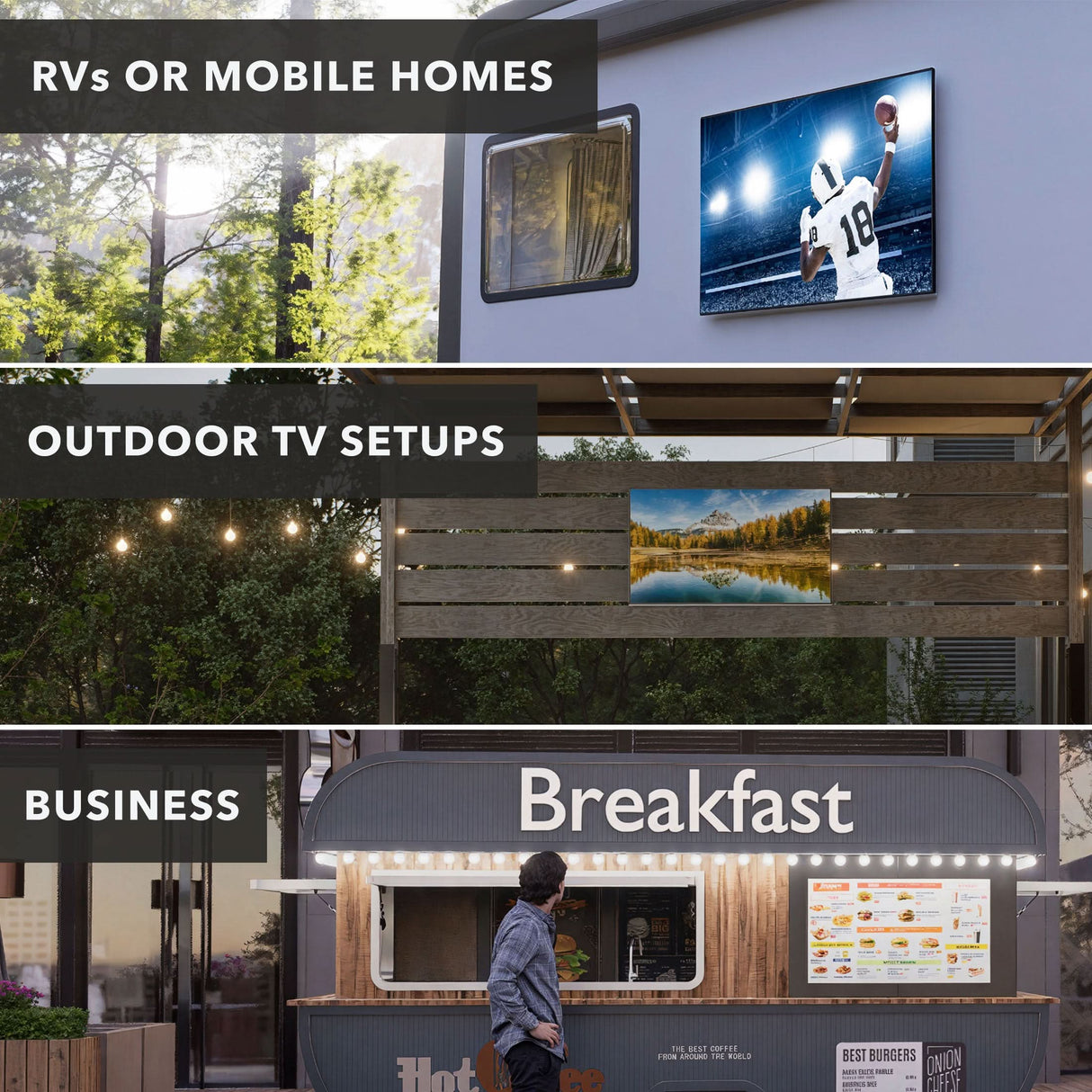 Anti-Rust RV TV Wall Mount Anti-Rust RV TV Wall Mount split image showing TV mounted on RV, on patio wall and on food truck