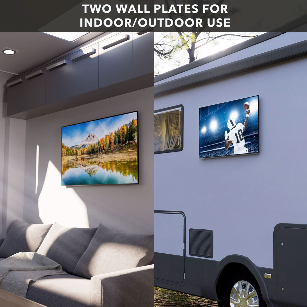 Anti-Rust RV TV Wall Mount Anti-Rust RV TV Wall Mount split image showing the TV mounted outside and inside of an RV