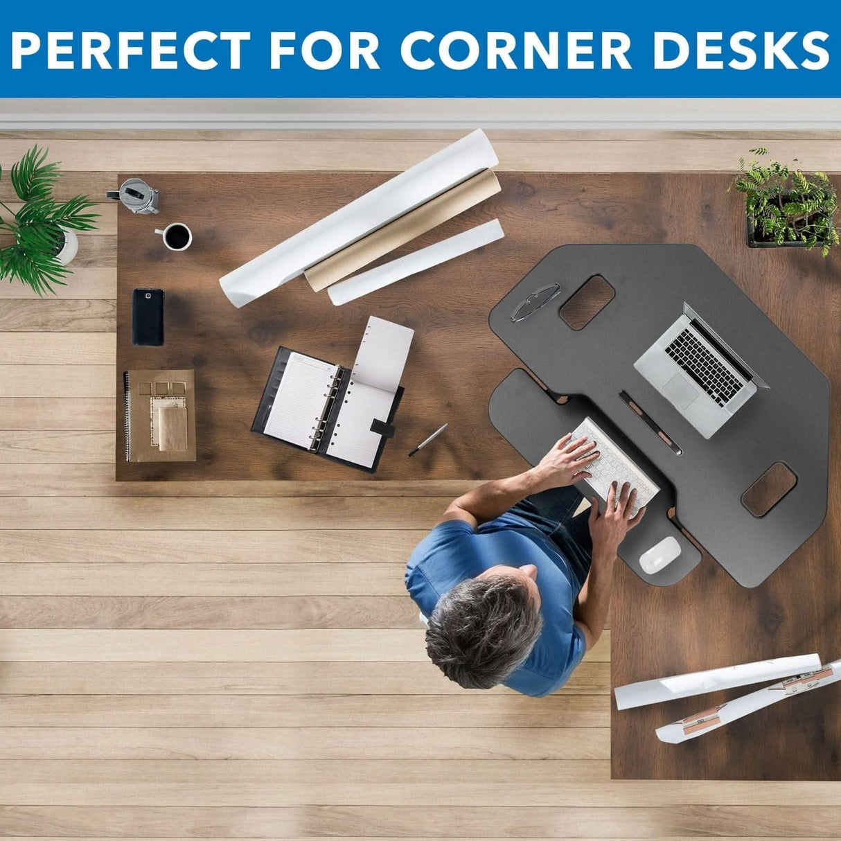 Corner Sit Stand Desk Converter Black Desk Converters - Corner Sit Stand Desk Converter - Mount-It! - MI-7958A