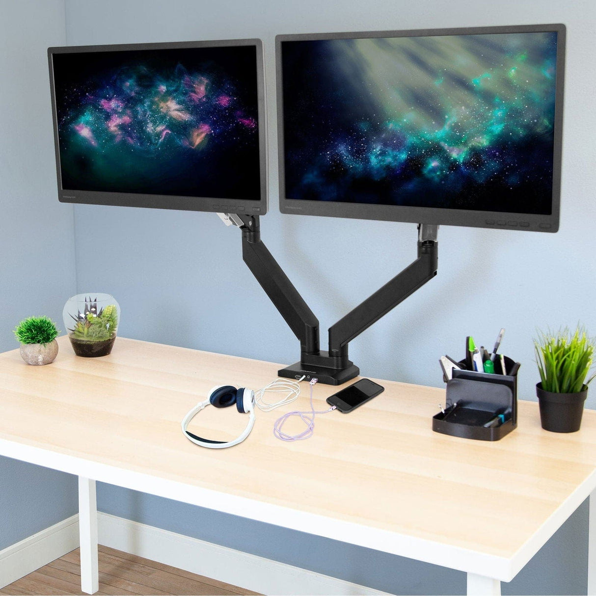 Dual Monitor Desk Mount w/ USB & Multimedia Ports Black Monitor Mount - Dual Monitor Desk Mount w/ USB & Multimedia Ports - Mount-It! - MI-4772