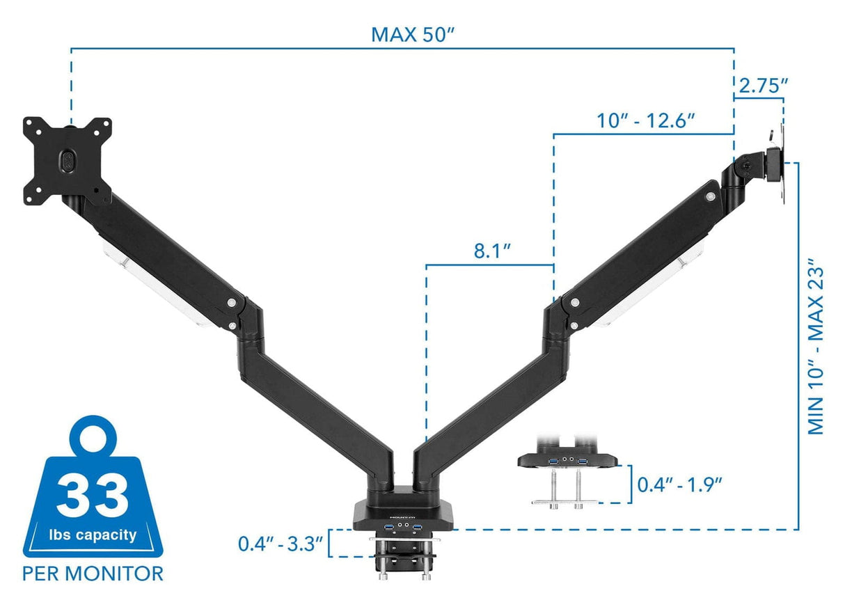 Dual Monitor Desk Mount w/ USB & Multimedia Ports Black Monitor Mount - Dual Monitor Desk Mount w/ USB & Multimedia Ports - Mount-It! - MI-4772