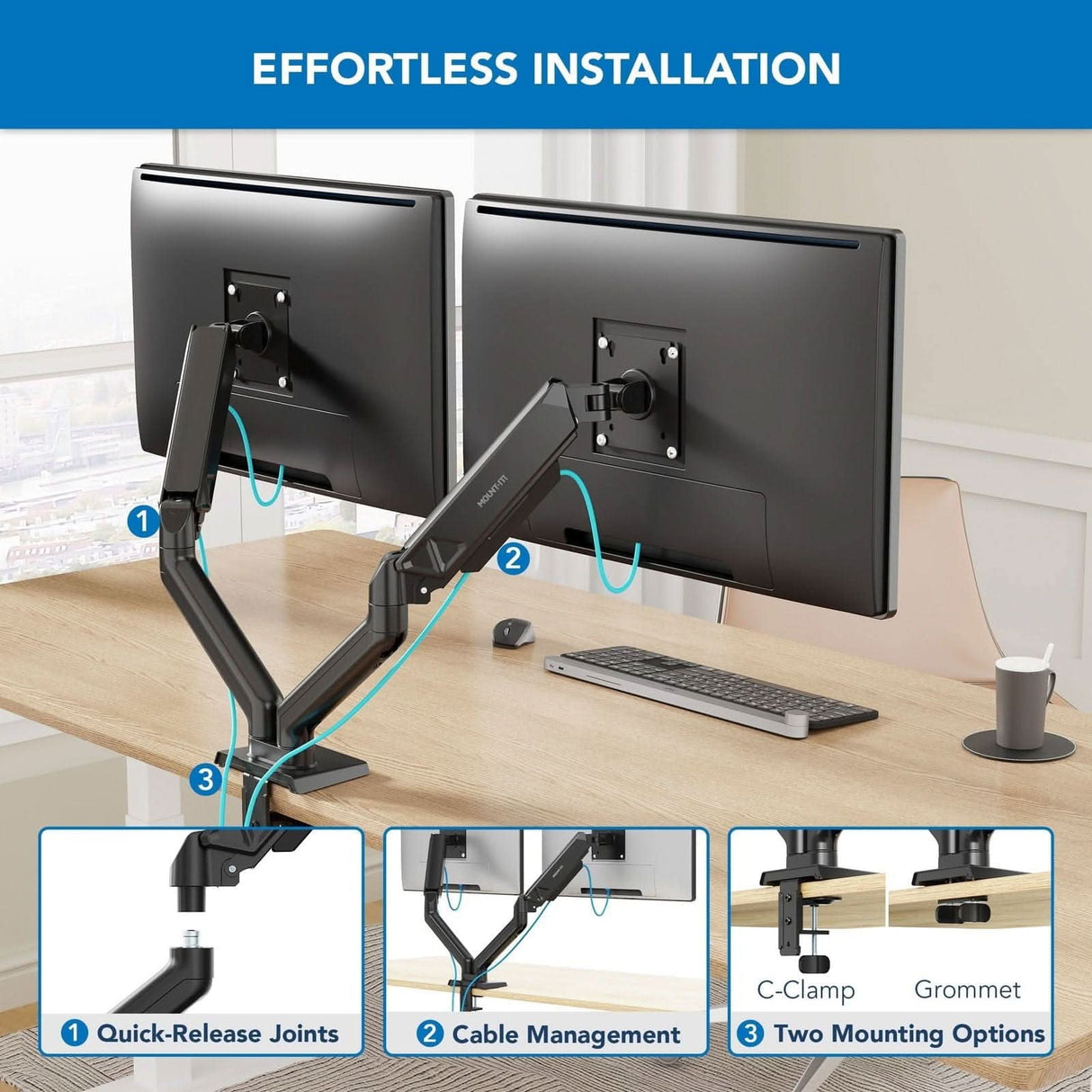 Dual Monitor Mount with Spring Arms Black Monitor Mount - Dual Monitor Mount with Spring Arms - Mount-It! - MI-8752BLK