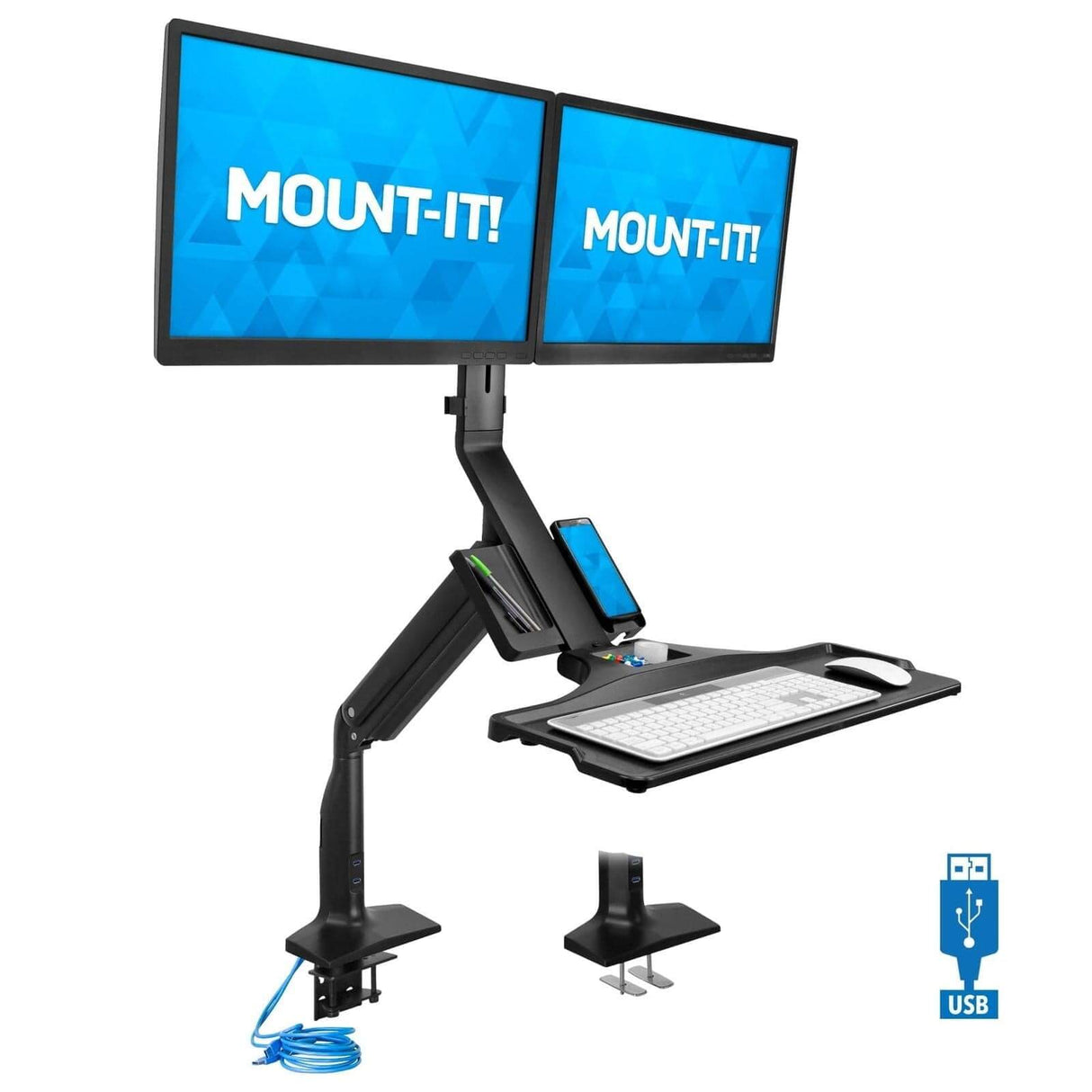 Dual Monitor Sit Stand Desk Mount with USB 3.0 Ports Black Desk Converters - Dual Monitor Sit Stand Desk Mount with USB 3.0 Ports - Mount-It! - MI-7984