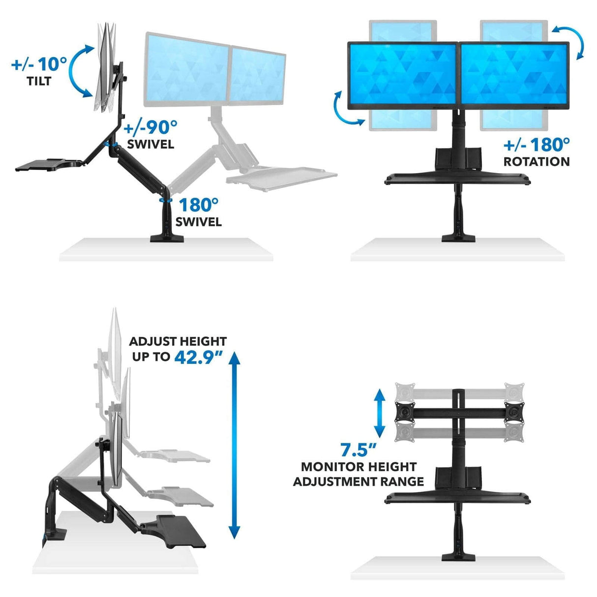 Dual Monitor Sit Stand Desk Mount with USB 3.0 Ports Black Desk Converters - Dual Monitor Sit Stand Desk Mount with USB 3.0 Ports - Mount-It! - MI-7984