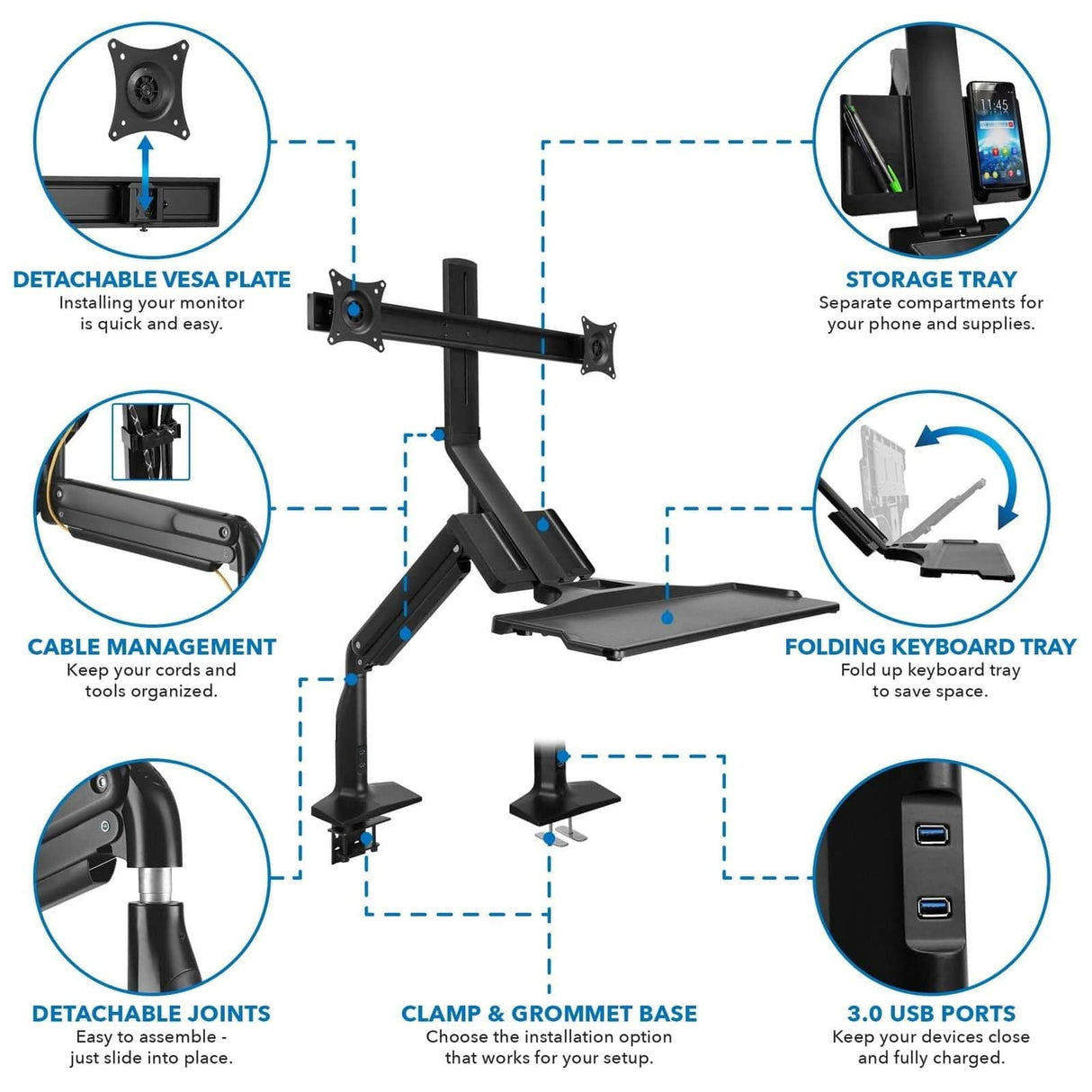 Dual Monitor Sit Stand Desk Mount with USB 3.0 Ports Black Desk Converters - Dual Monitor Sit Stand Desk Mount with USB 3.0 Ports - Mount-It! - MI-7984
