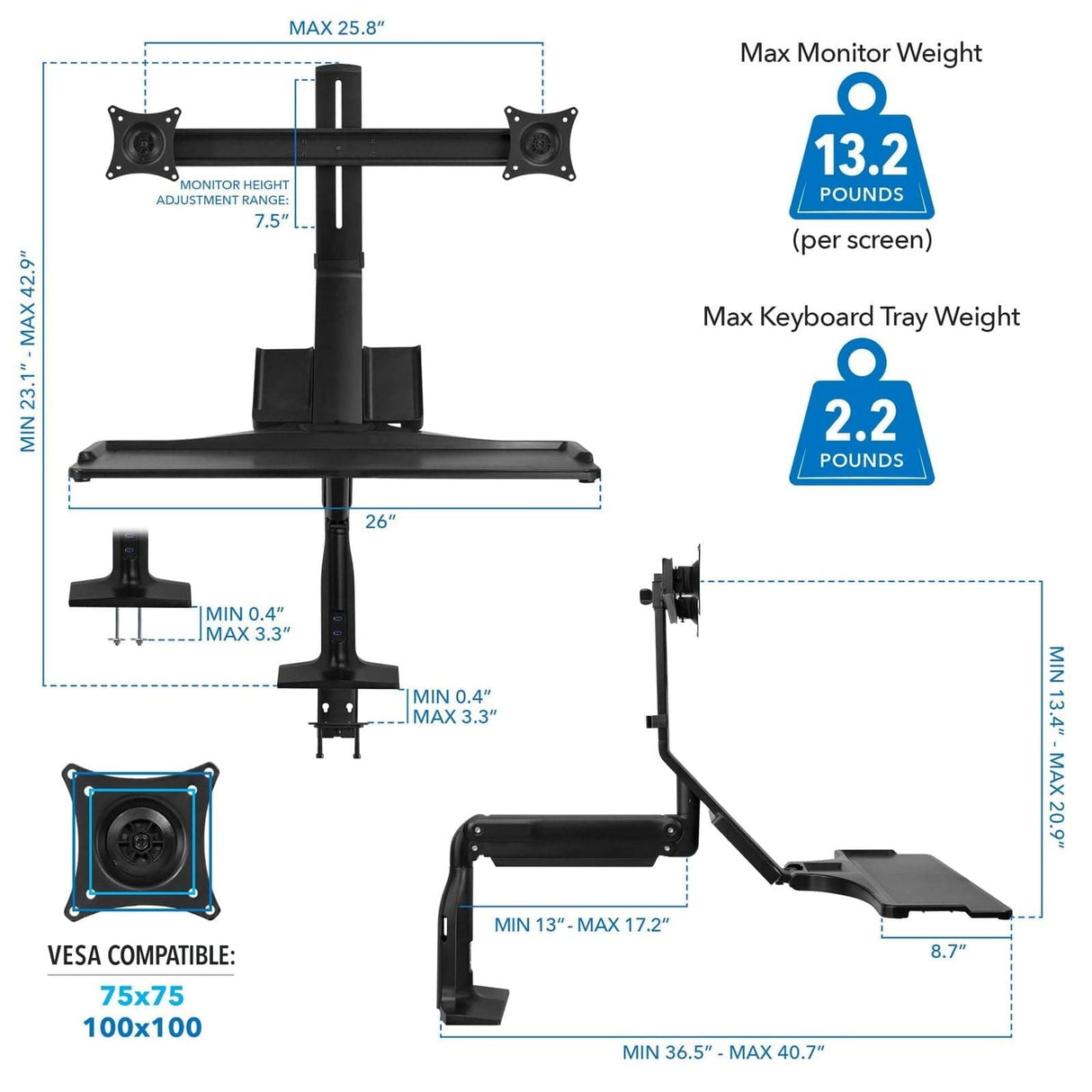 Dual Monitor Sit Stand Desk Mount with USB 3.0 Ports Black Desk Converters - Dual Monitor Sit Stand Desk Mount with USB 3.0 Ports - Mount-It! - MI-7984