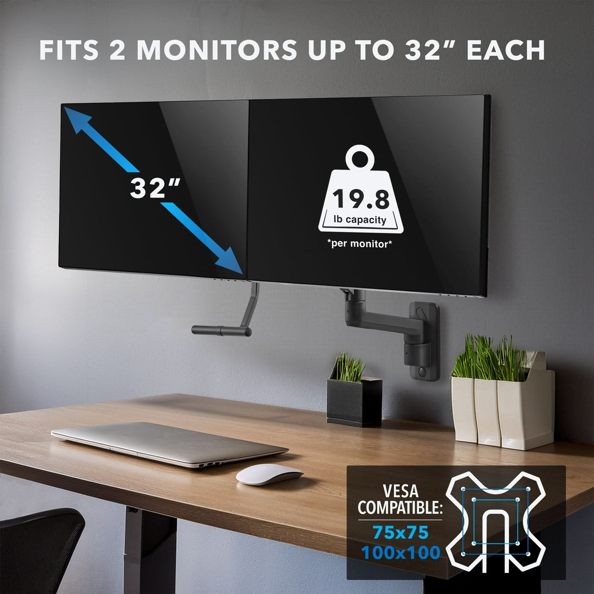 Dual Monitor Wall Mount with Gas Spring Arm and Crossbar Black Monitor Mount - Dual Monitor Wall Mount with Gas Spring Arm and Crossbar - Mount-It! - MI-12010