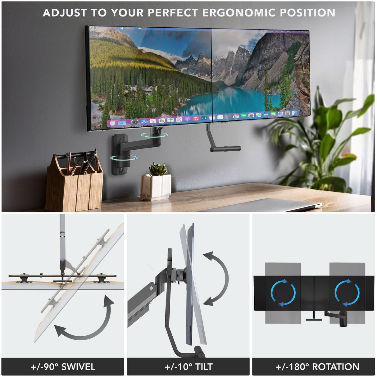 Dual Monitor Wall Mount with Gas Spring Arm and Crossbar Black Monitor Mount - Dual Monitor Wall Mount with Gas Spring Arm and Crossbar - Mount-It! - MI-12010
