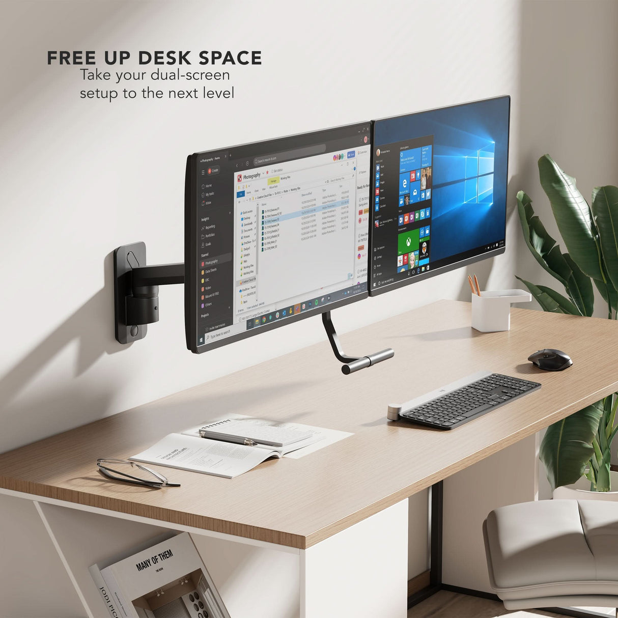 Dual Monitor Wall Mount with Gas Spring Arm and Crossbar Black Monitor Mount - Dual Monitor Wall Mount with Gas Spring Arm and Crossbar - Mount-It! - MI-12010