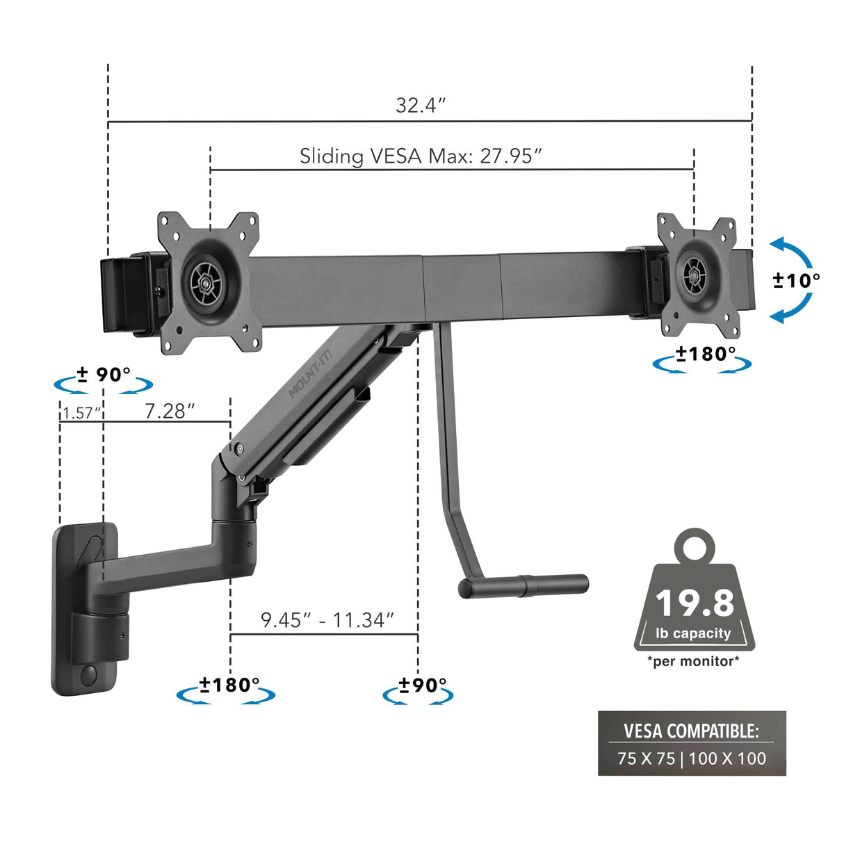 Dual Monitor Wall Mount with Gas Spring Arm and Crossbar Black Monitor Mount - Dual Monitor Wall Mount with Gas Spring Arm and Crossbar - Mount-It! - MI-12010