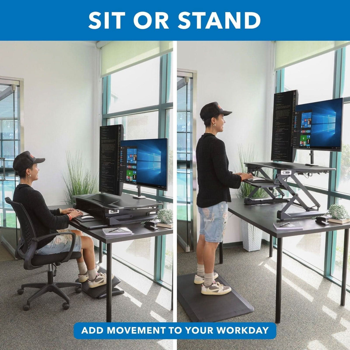 Electric Sit-Stand Desk Converter with Dual Monitor Mount Black Desk Converters - Electric Sit-Stand Desk Converter with Dual Monitor Mount - Mount-It! - MI-8053