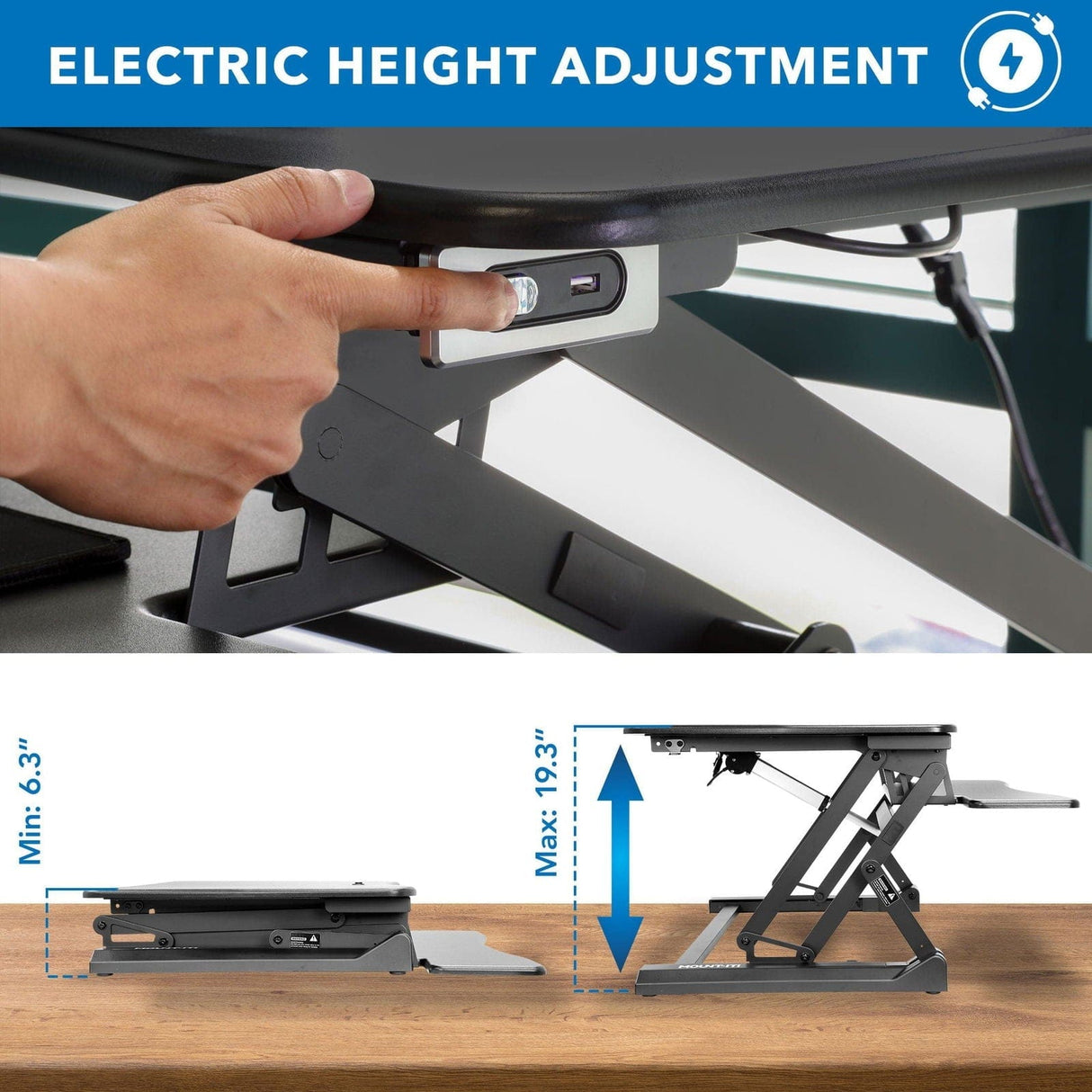 Electric Sit-Stand Desk Converter with Dual Monitor Mount Black Desk Converters - Electric Sit-Stand Desk Converter with Dual Monitor Mount - Mount-It! - MI-8053