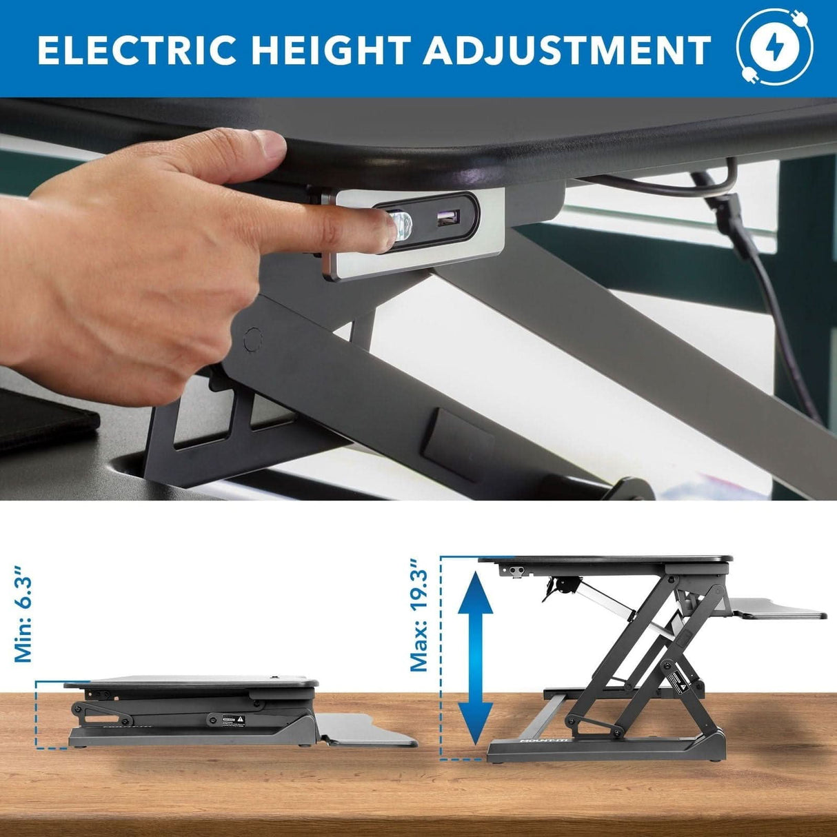 Electric Sit-Stand Desk Converter with Dual Monitor Mount Black Desk Converters - Electric Sit-Stand Desk Converter with Dual Monitor Mount - Mount-It! - MI-8053