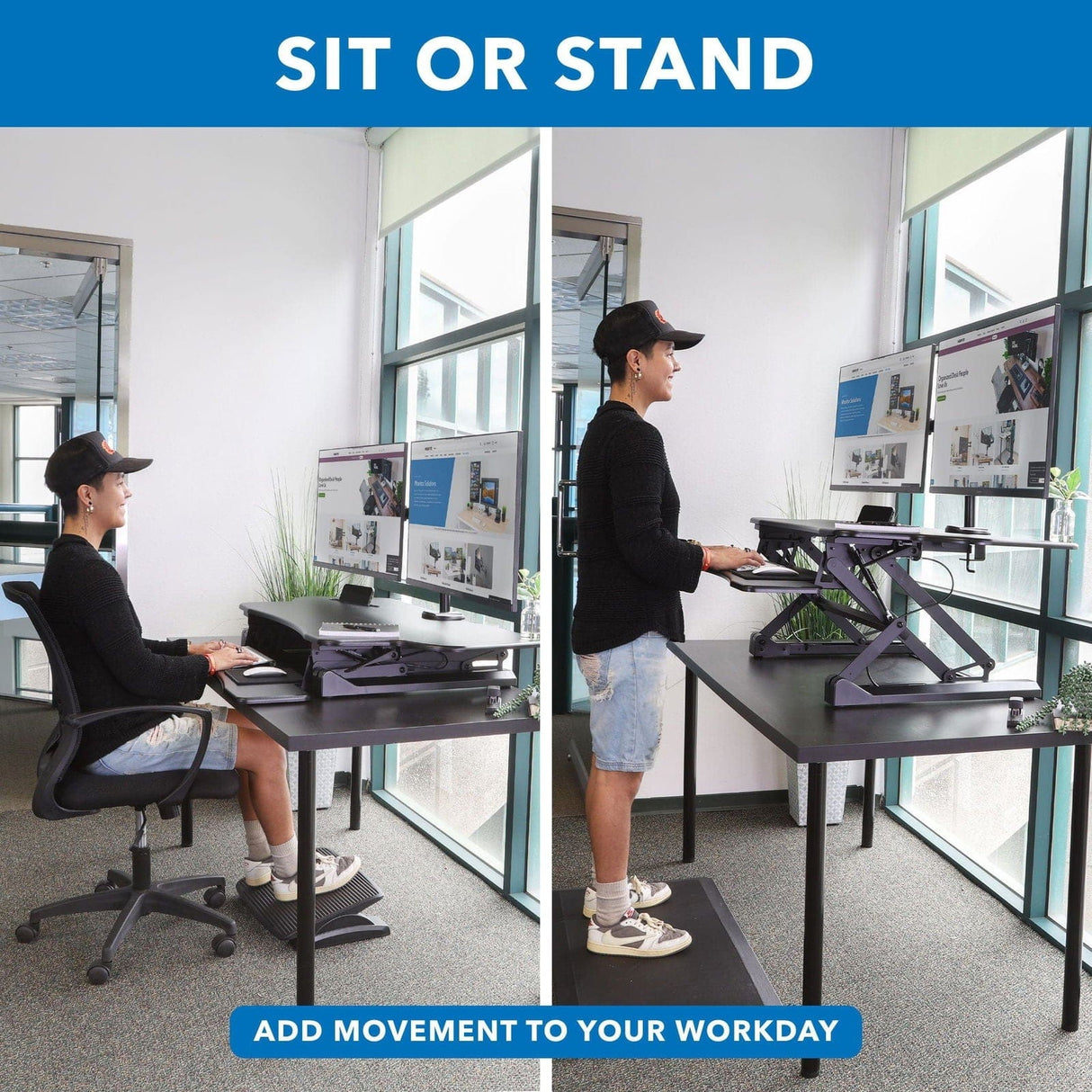 Extra Wide Sit-Stand Desk Converter with Dual Monitor Mount Black Desk Converters - Extra Wide Sit-Stand Desk Converter with Dual Monitor Mount - Mount-It! - MI-8052