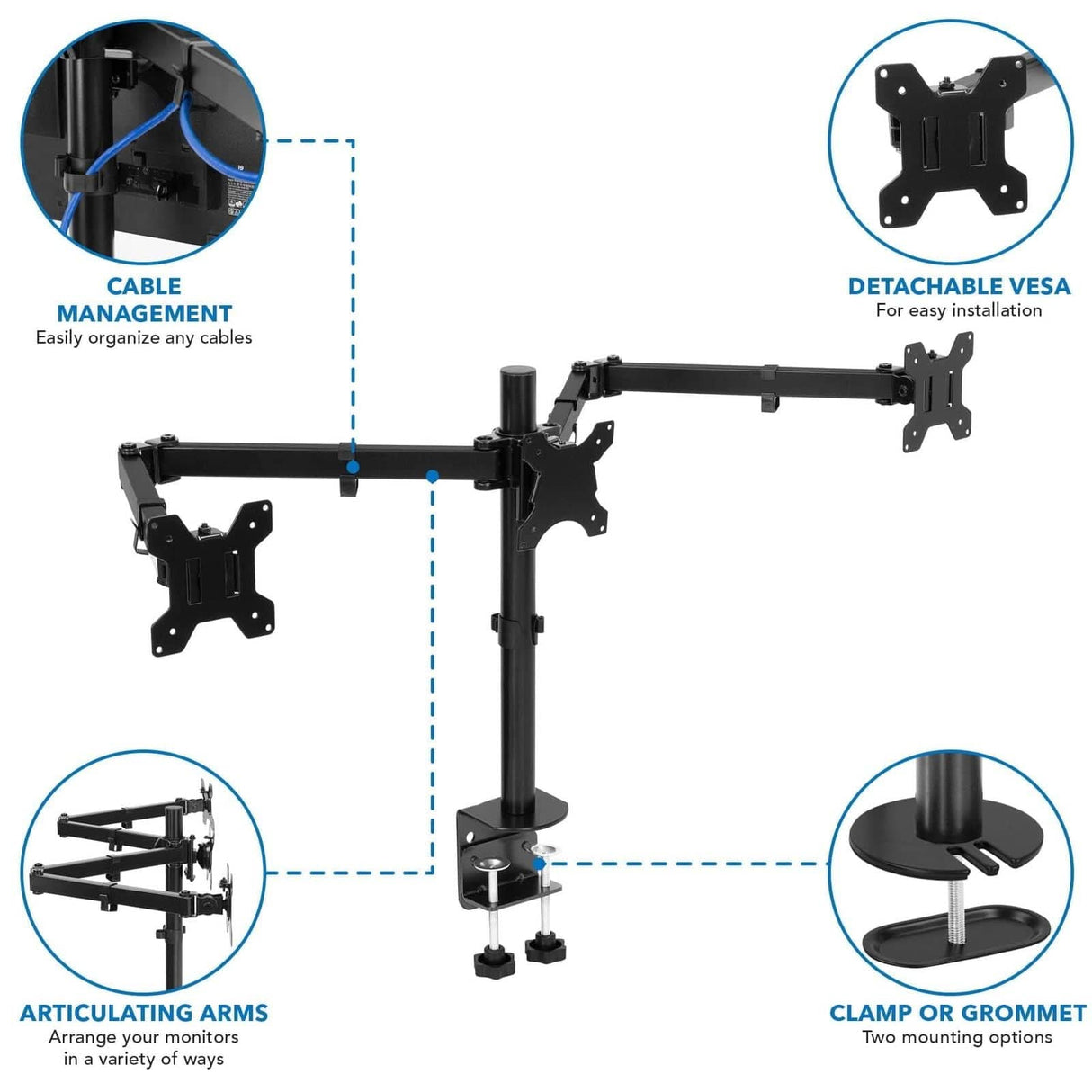 Full Motion Triple Monitor Desk Mount | 24" to 32" Monitors Black Monitor Mount - Full Motion Triple Monitor Desk Mount | 24" to 32" Monitors - Mount-It! - MI-753XL