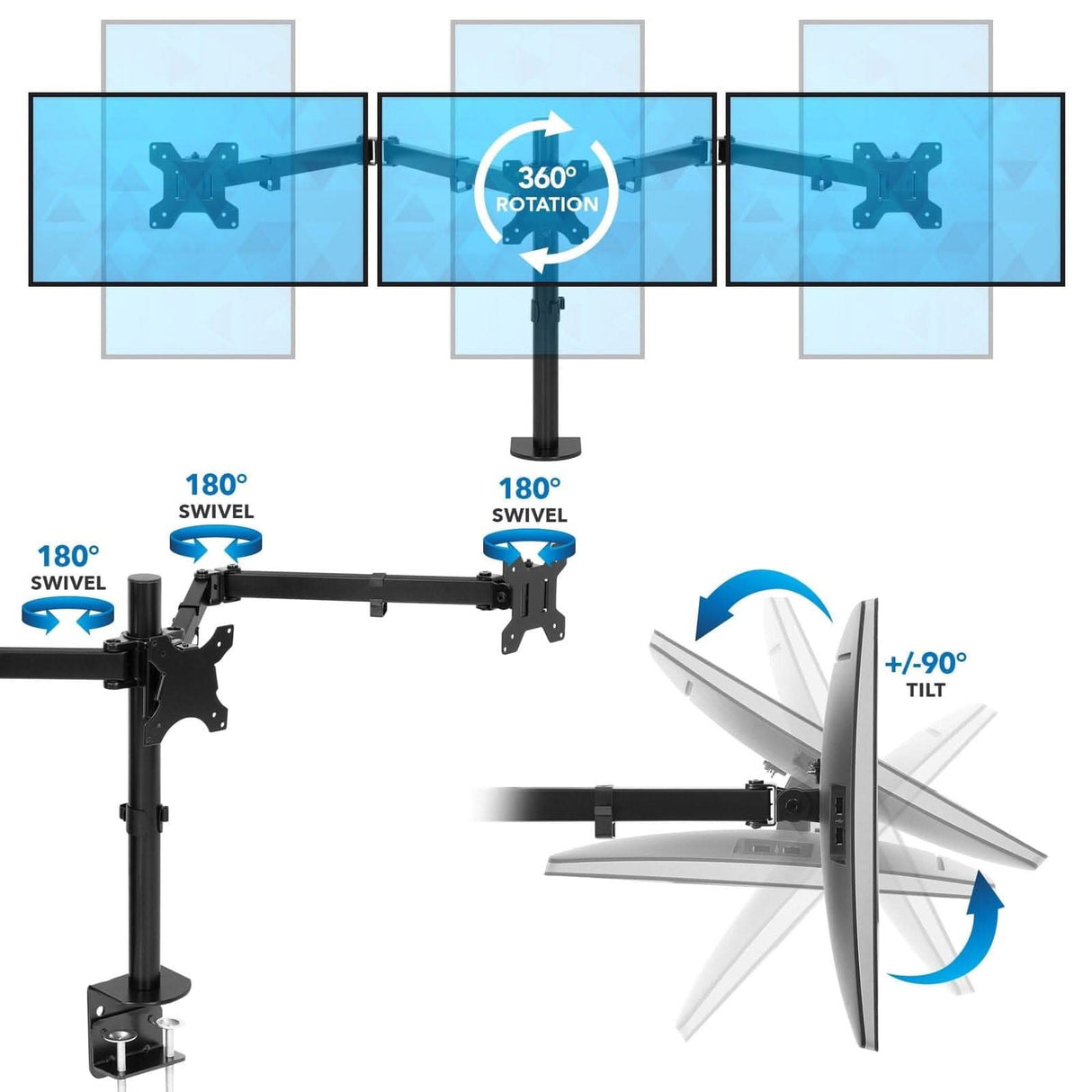 Full Motion Triple Monitor Desk Mount | 24" to 32" Monitors Black Monitor Mount - Full Motion Triple Monitor Desk Mount | 24" to 32" Monitors - Mount-It! - MI-753XL