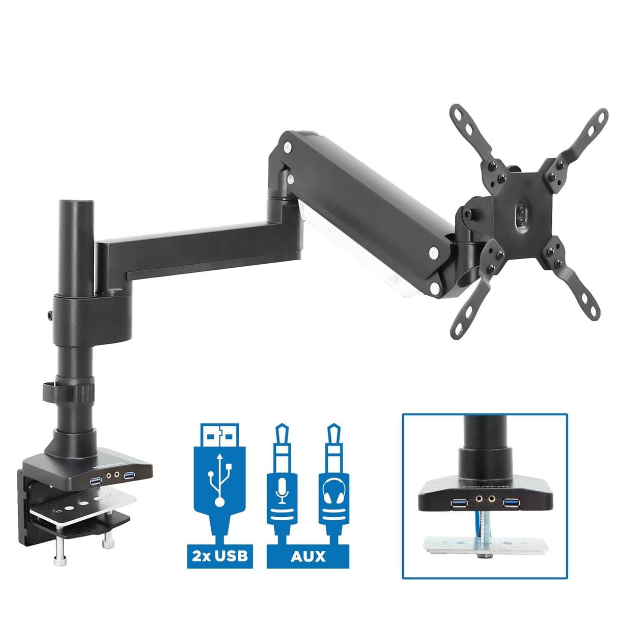 Heavy Duty Monitor Desk Mount w/ USB & Multimedia Ports Black Monitor Mount - Heavy Duty Monitor Desk Mount w/ USB & Multimedia Ports - Mount-It! - MI-4771