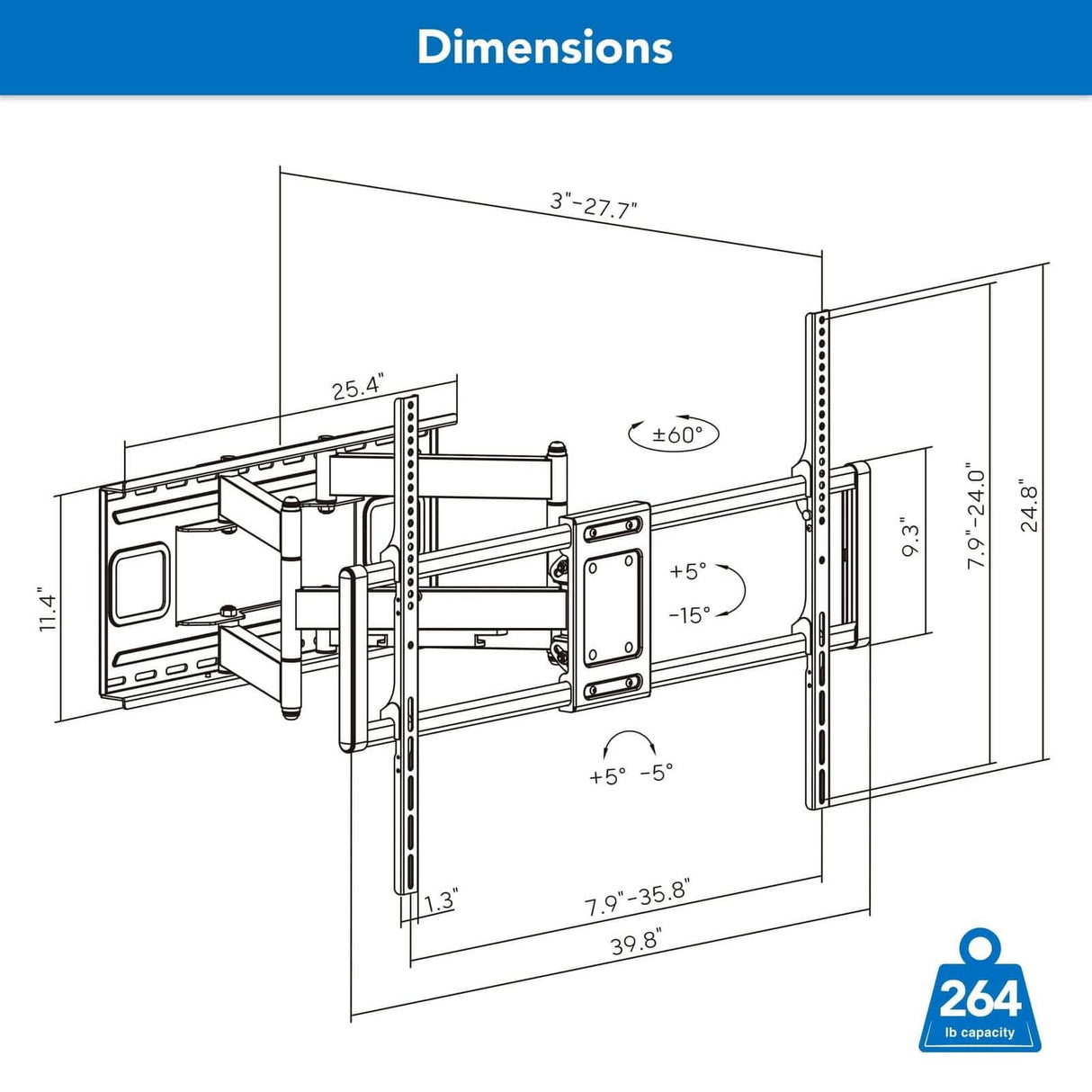 Heavy Duty Full Motion TV Wall Mount for 60-120 Inch Screens Black TV Mount - Heavy Duty XXL Full Motion TV Mount with Long Extension - Mount-It! - MI-14010