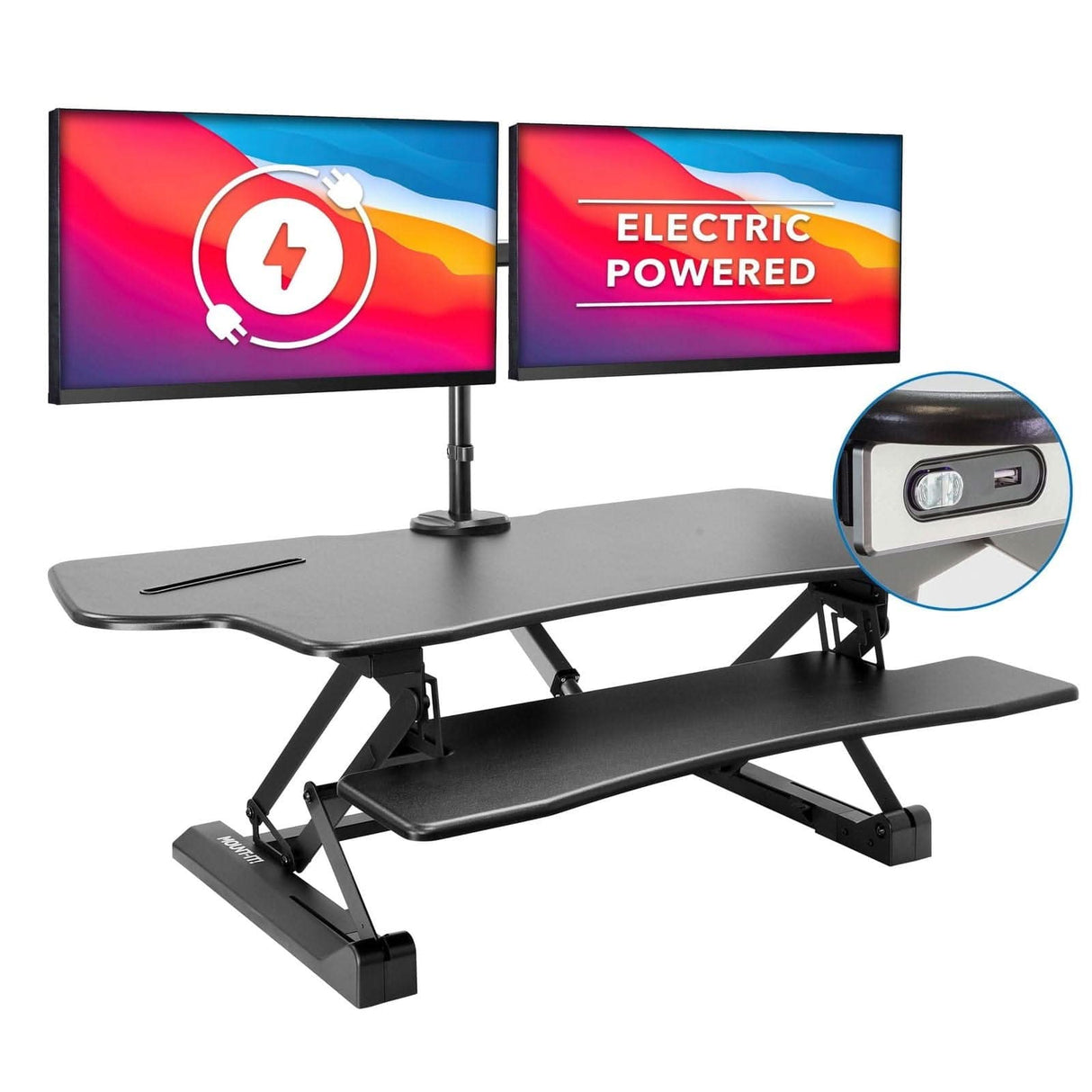 Large Electric Sit-Stand Desk Converter with Dual Monitor Mount Black Desk Converters - Large Electric Sit-Stand Desk Converter with Dual Monitor Mount - Mount-It! - MI-8054