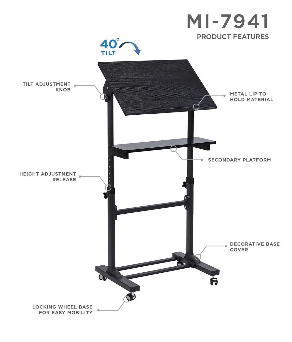 Mobile Lectern Stand Up Desk Black Mobile Standing Desk - Mobile Lectern Stand Up Desk - Mount-It! - MI-7941