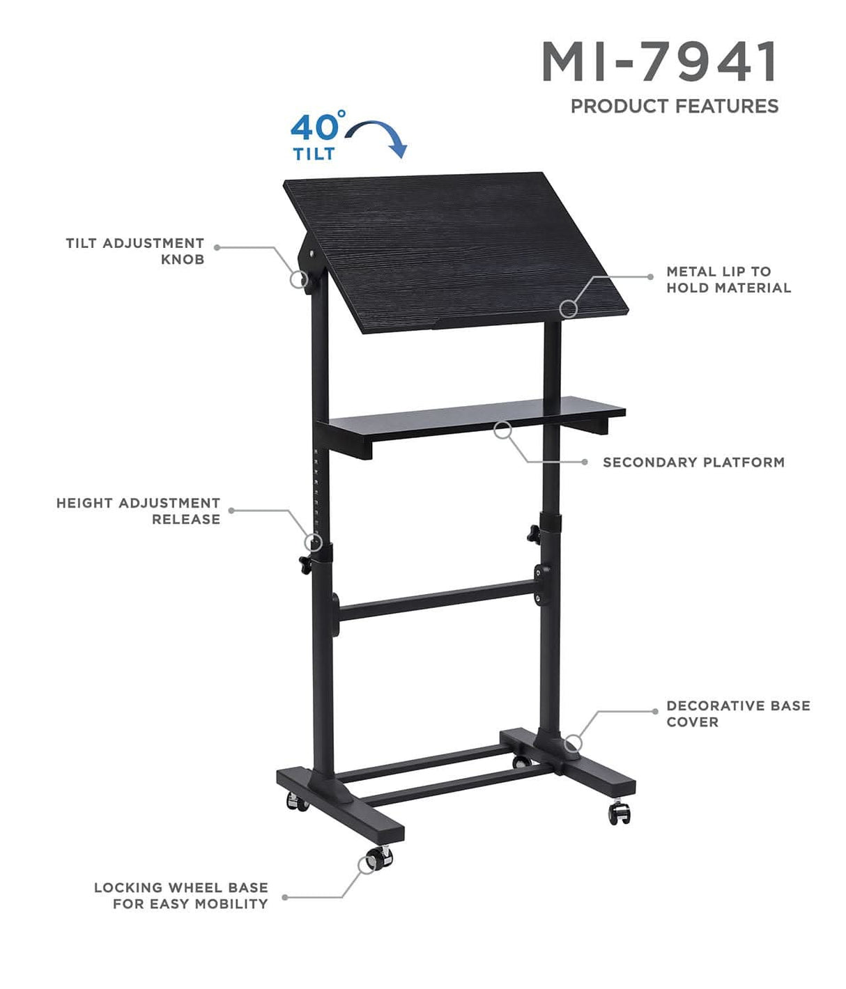 Mobile Lectern Stand Up Desk Black Mobile Standing Desk - Mobile Lectern Stand Up Desk - Mount-It! - MI-7941