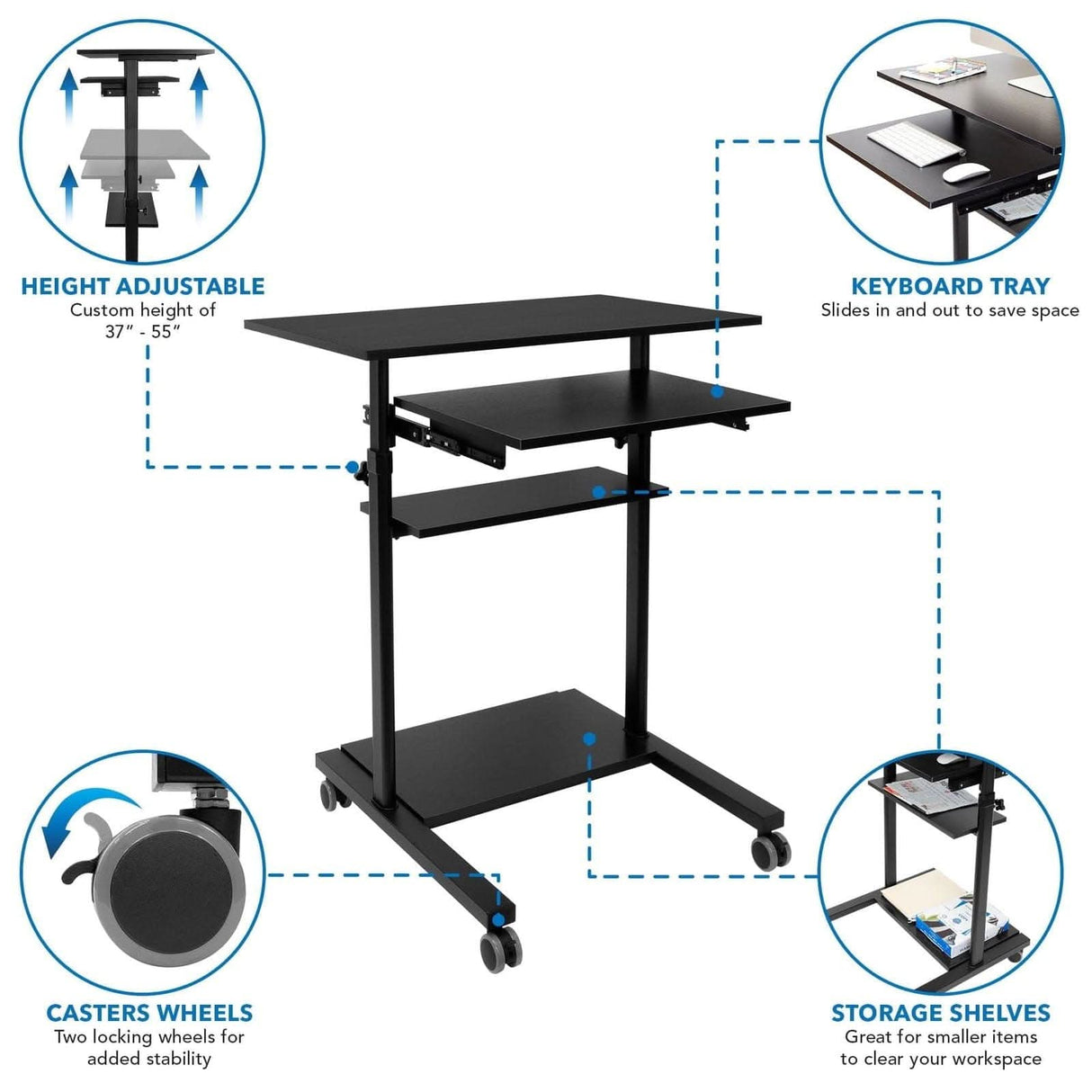 Mobile Standing Desk with Retractable Keyboard Black Mobile Standing Desk - Mobile Standing Desk with Retractable Keyboard - Mount-It! - MI-7998B