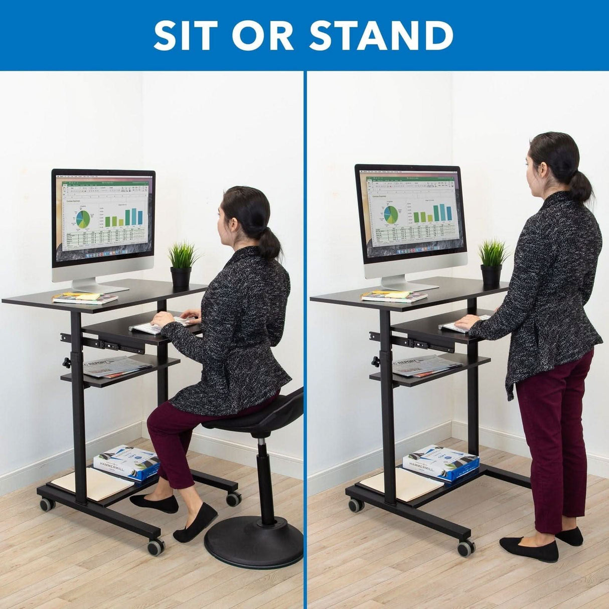 Mobile Standing Desk with Retractable Keyboard Black Mobile Standing Desk - Mobile Standing Desk with Retractable Keyboard - Mount-It! - MI-7998B