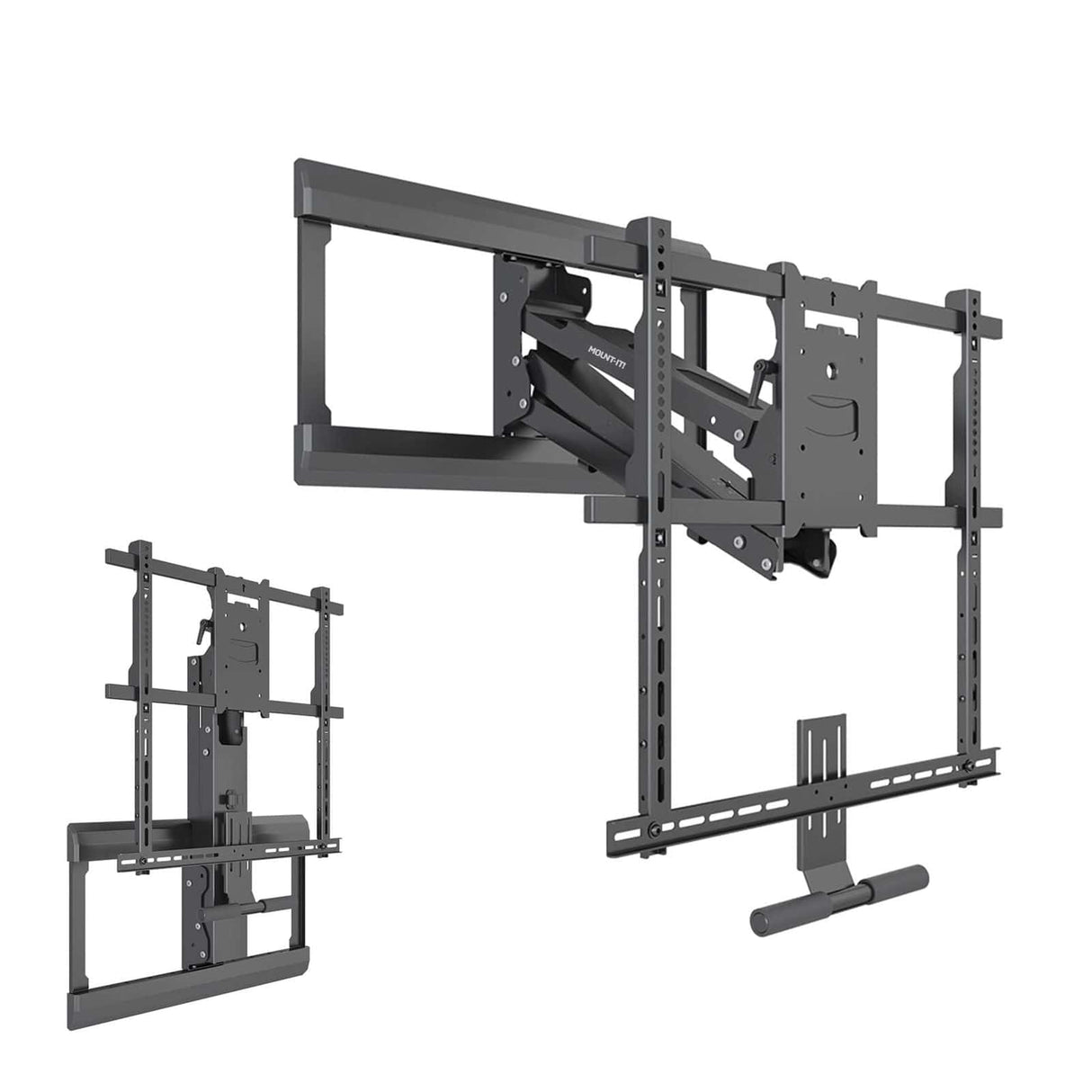 The Mount-It! Pull Down Fireplace TV Mount is a black, dual-arm, full motion mount shown extended and retracted, offering flexible positioning and strong support for flat-screens—perfect for over a fireplace or optimal viewing height.