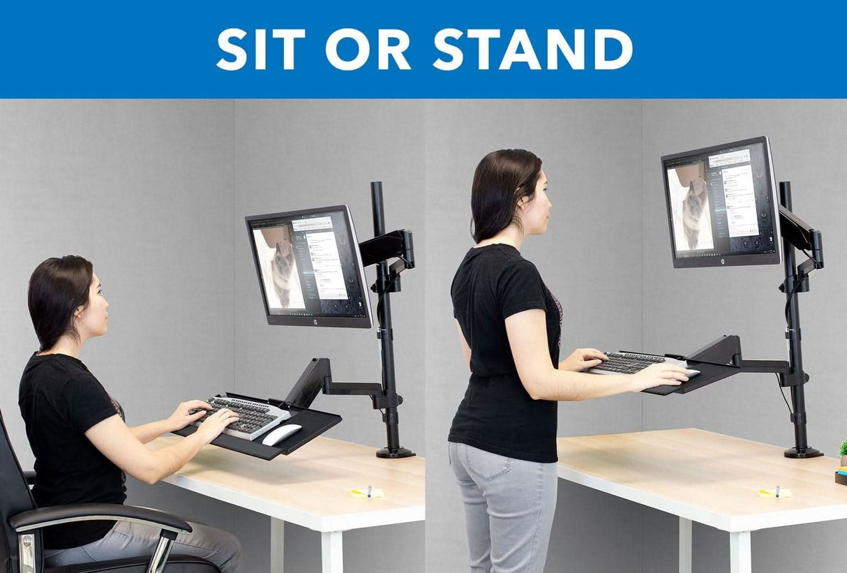 Black Desk Converters - Single Monitor Sit-Stand Desk Mount with Keyboard Tray - Mount-It! - MI-7995