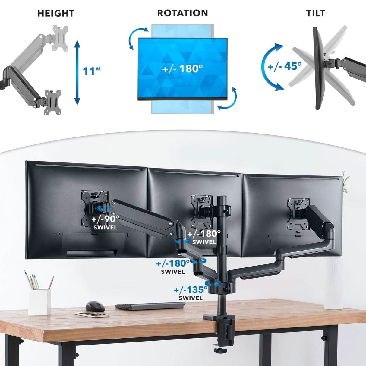Triple Monitor Mount with Gas Spring Arms Black Monitor Mount - Triple Monitor Mount with Gas Spring Arms - Mount-It! - MI-4753B