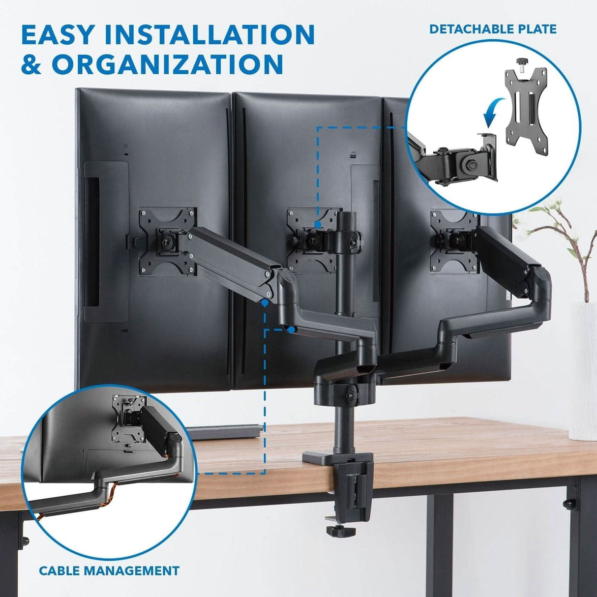 Triple Monitor Mount with Gas Spring Arms Black Monitor Mount - Triple Monitor Mount with Gas Spring Arms - Mount-It! - MI-4753B