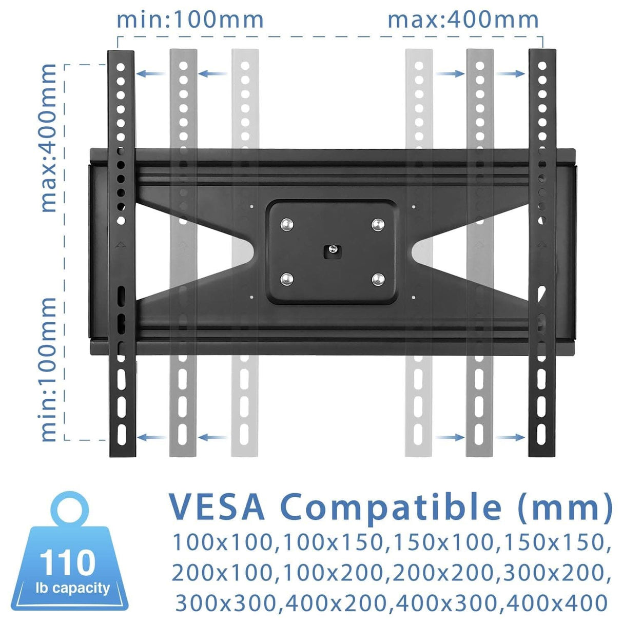 Diagram showing the Mount-It! Bolt Down TV Stand with adjustable vertical and horizontal arms, VESA support from 100x100 mm to 400x400 mm, and a heavy duty stand icon indicating a 110 lb weight capacity at the bottom left.