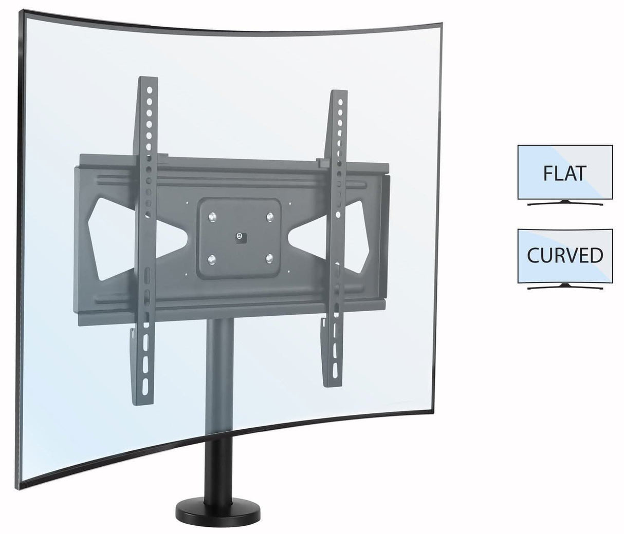 The Mount-It! Bolt Down TV Stand is shown with a sturdy mount holding a curved screen. Beside it are icons labeled FLAT (flat screen) and CURVED (curved screen), highlighting compatibility with both screen types.