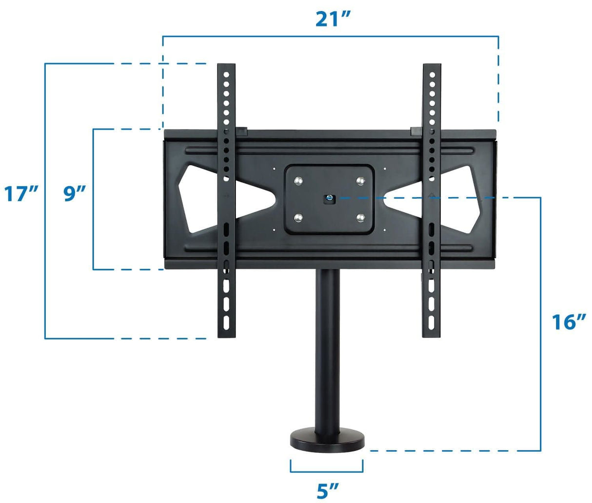 The Mount-It! Bolt Down TV Stand is a black, heavy-duty stand measuring 21" wide, 17" tall, with a 9" mounting plate height, 16" pole height, and a 5" base diameter. Blue dashed lines show the dimensions of this sturdy mount.