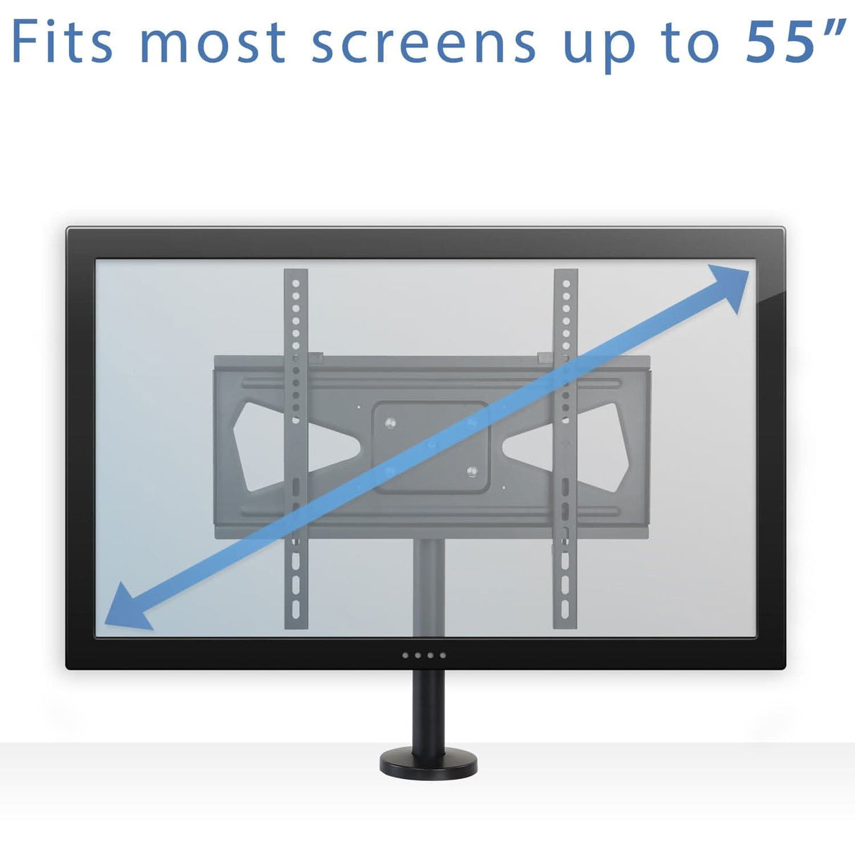The Mount-It! Bolt Down TV Stand is shown behind a flat-screen TV with a blue diagonal arrow across the screen. Text above reads, Fits most screens up to 55”.