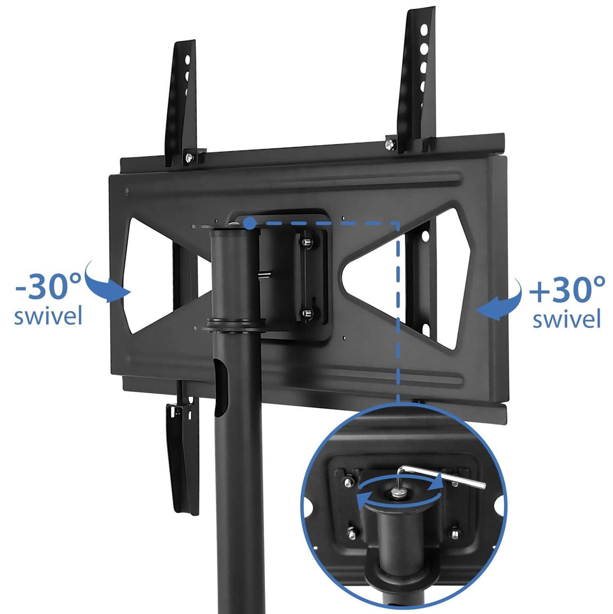 The Mount-It! Bolt Down TV Stand attaches to a pole and swivels ±30°, as shown in the diagram. An inset details the heavy-duty pivot mechanism and hex key adjustment feature.
