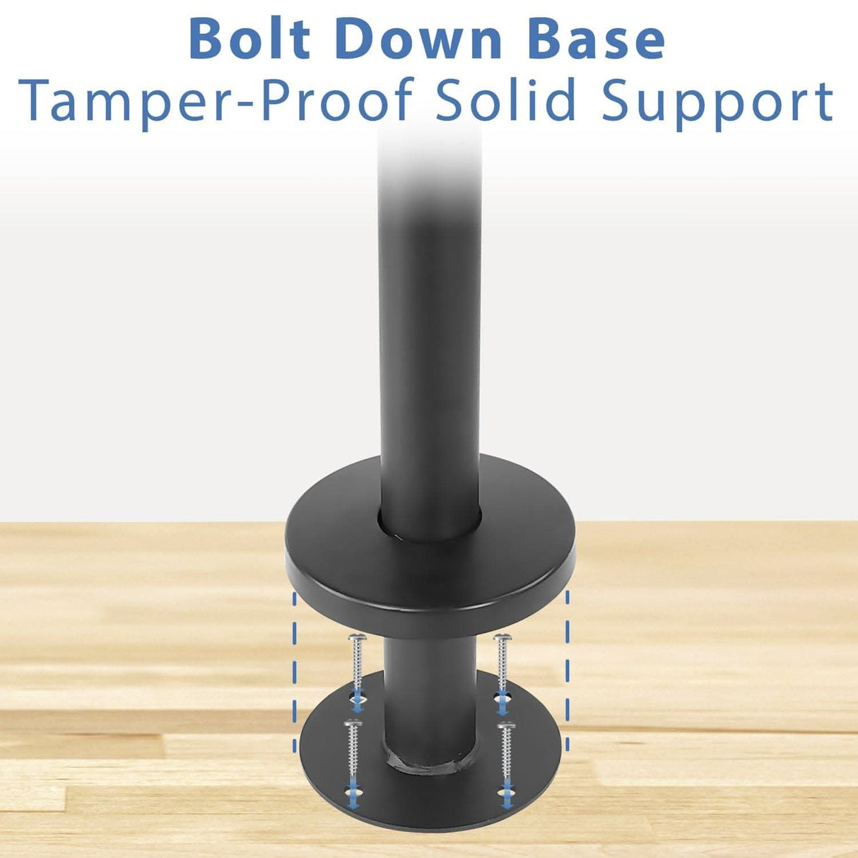 A black metal pole of the Mount-It! Bolt Down TV Stand is fixed to wood with four bolts. Text above says "Bolt Down Base and Tamper-Proof Solid Support." Blue dotted lines indicate bolt locations.
