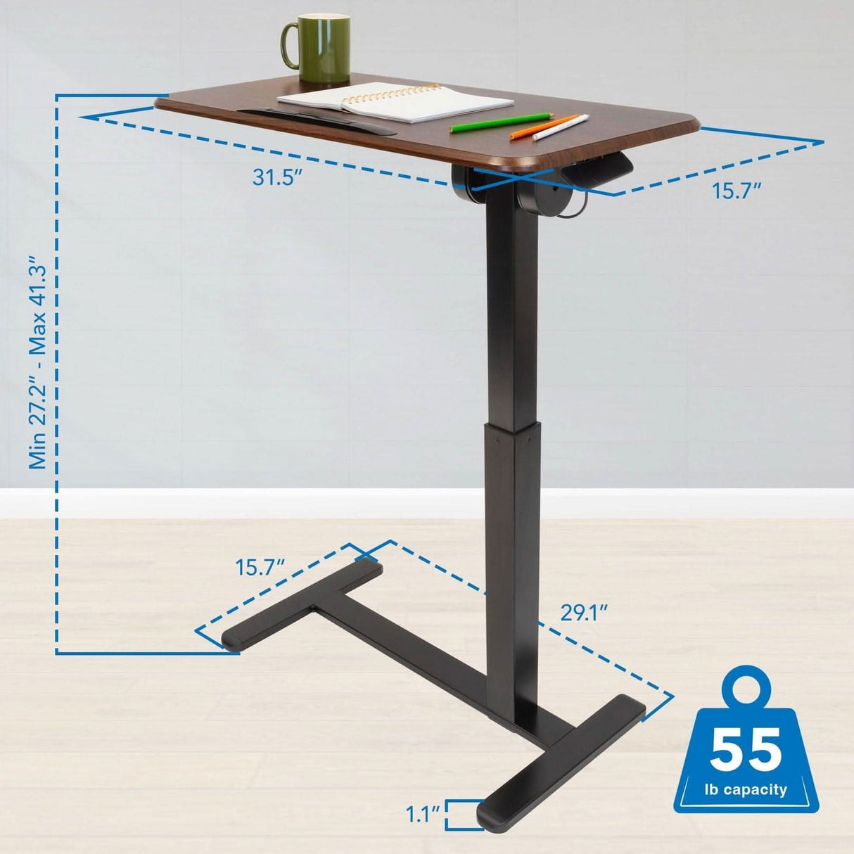 Height Adjustable Overbed Desk with Tilt Tabletop Brown Mobile Standing Desk - Height Adjustable Overbed Desk with Tilt Tabletop - Mount-It! - MI-8045