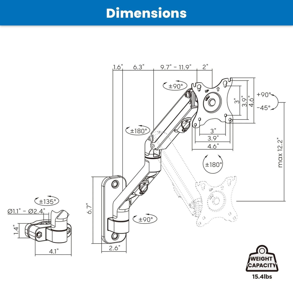 Counterbalance Monitor Arm for Wall and Pole Mounting Monitor Mount - Counterbalance Monitor Arm for Wall and Pole Mounting - Mount-It! - MI-1765