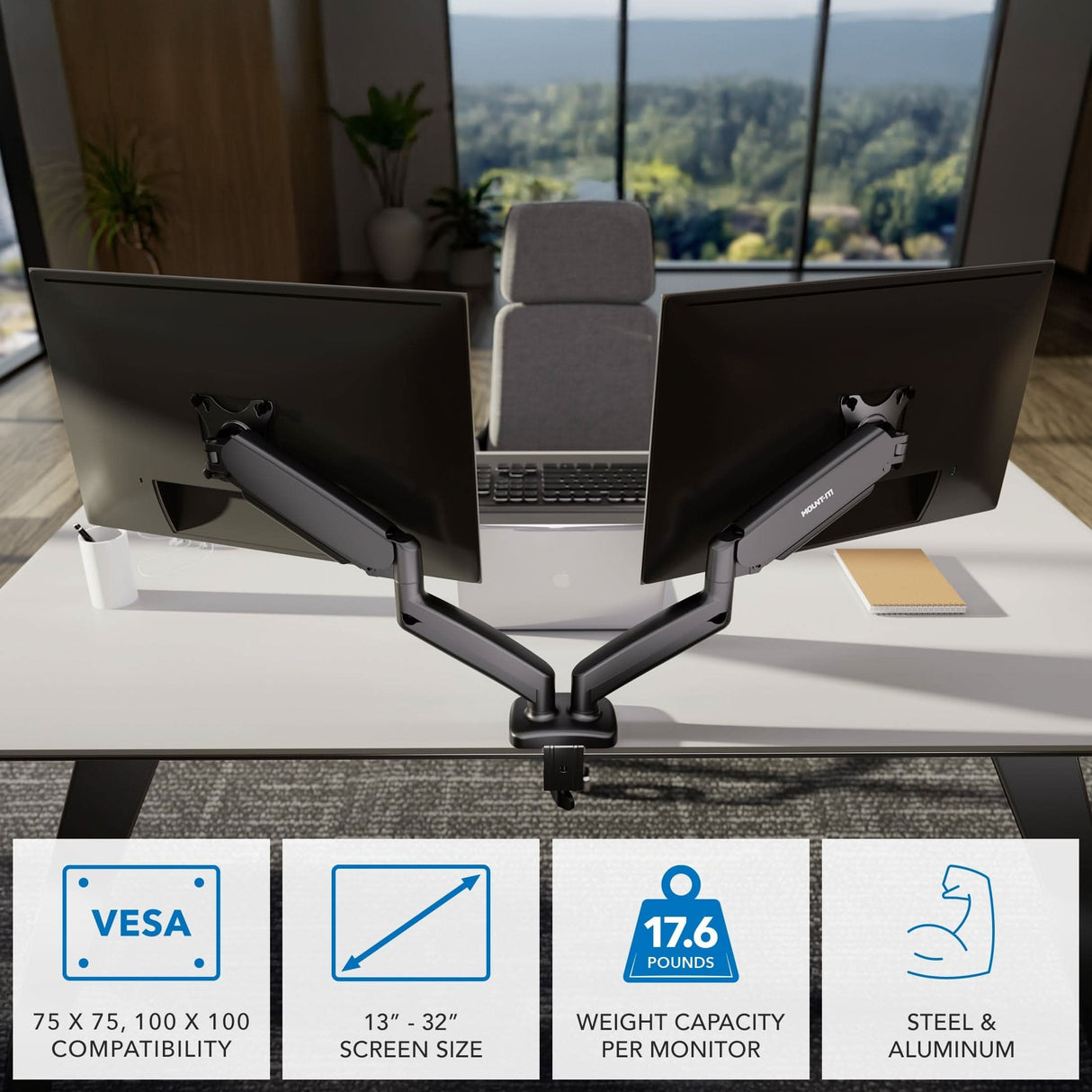 Dual Monitor Desk Mount with Gas Spring Arms Monitor Mount - Dual Monitor Desk Mount with Gas Spring Arms - Mount-It! - MI-1882BLK