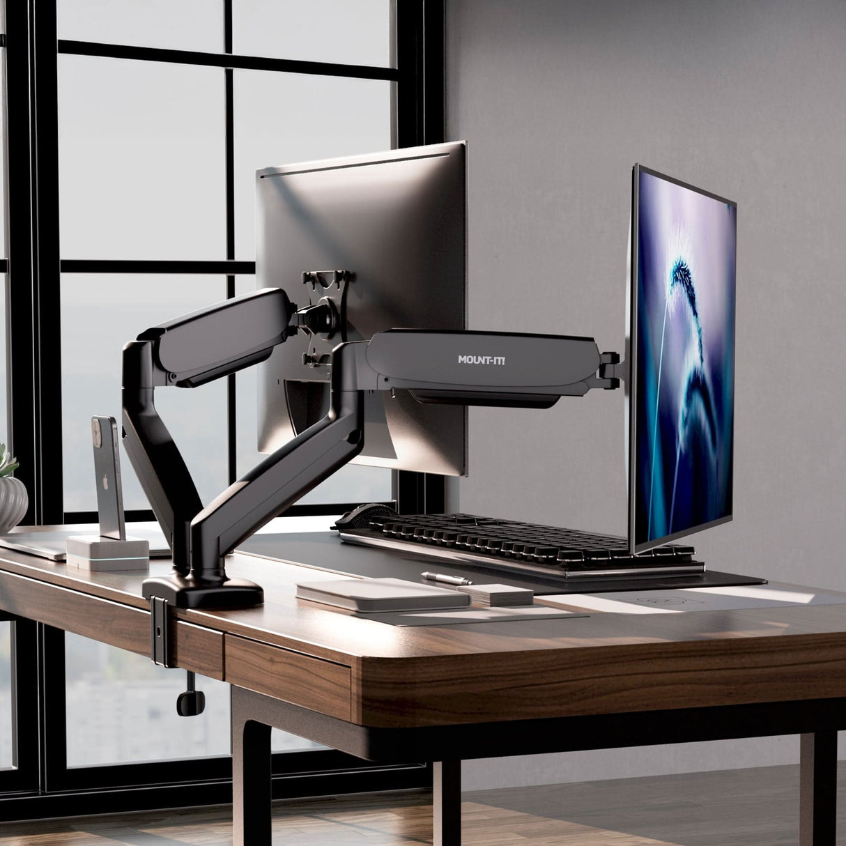 Dual Monitor Desk Mount with Gas Spring Arms Monitor Mount - Dual Monitor Desk Mount with Gas Spring Arms - Mount-It! - MI-1882BLK