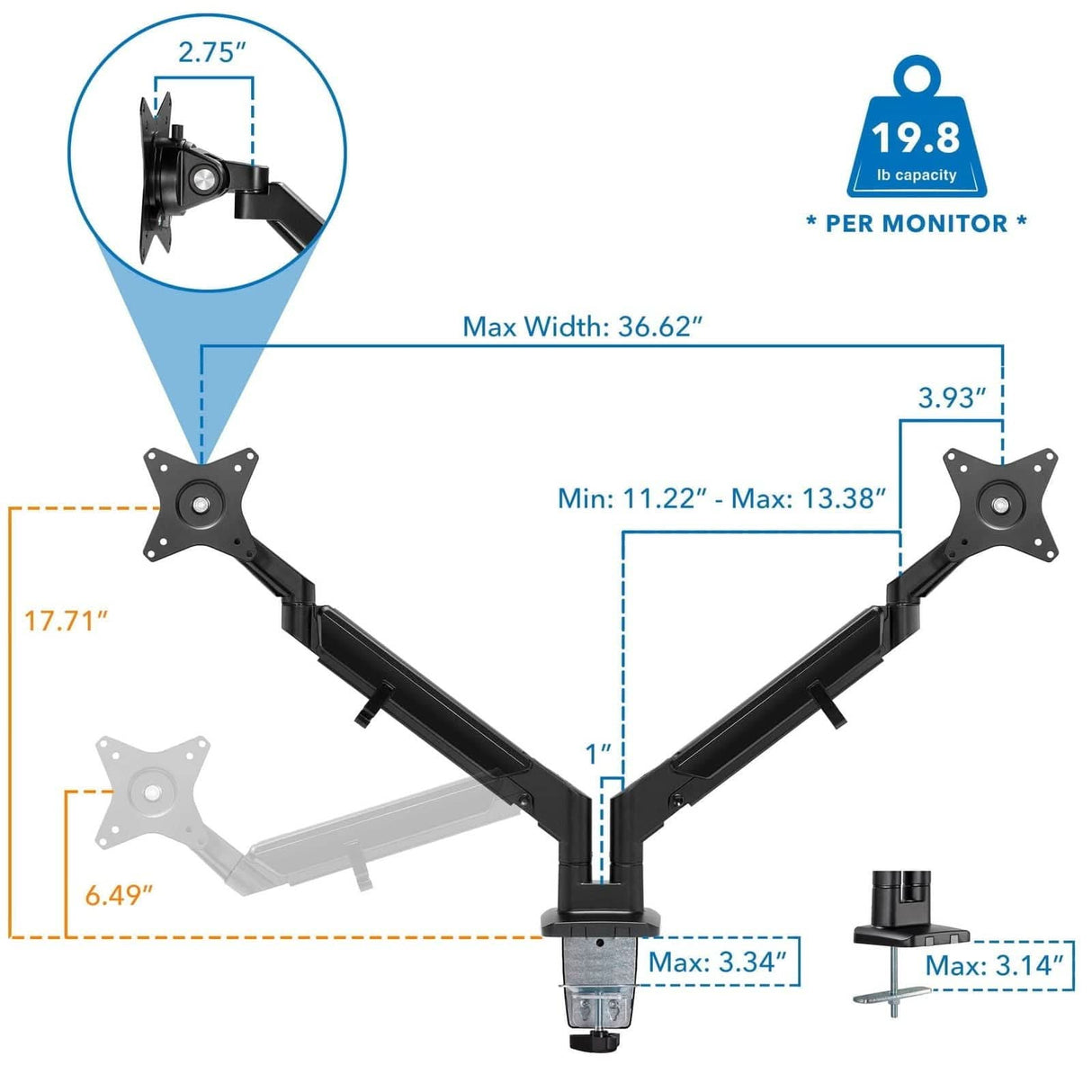 Dual Monitor Mount With Low Profile Gas Spring Arms Monitor Mount - Dual Monitor Mount With Low Profile Gas Spring Arms - Mount-It! - MI-4884B